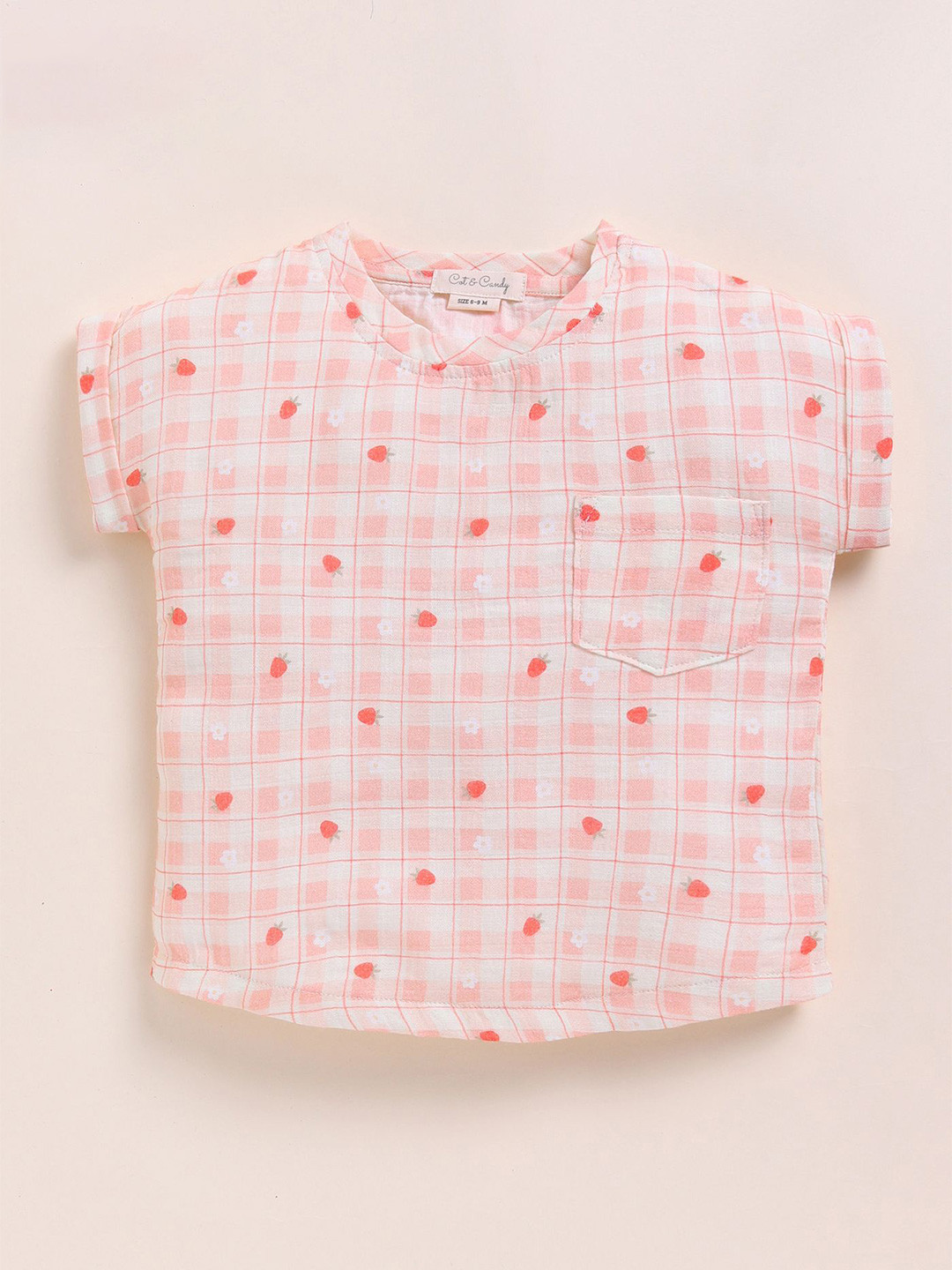 COT & CANDY Conversational Checked Extended Sleeves Regular Organic Cotton Top
