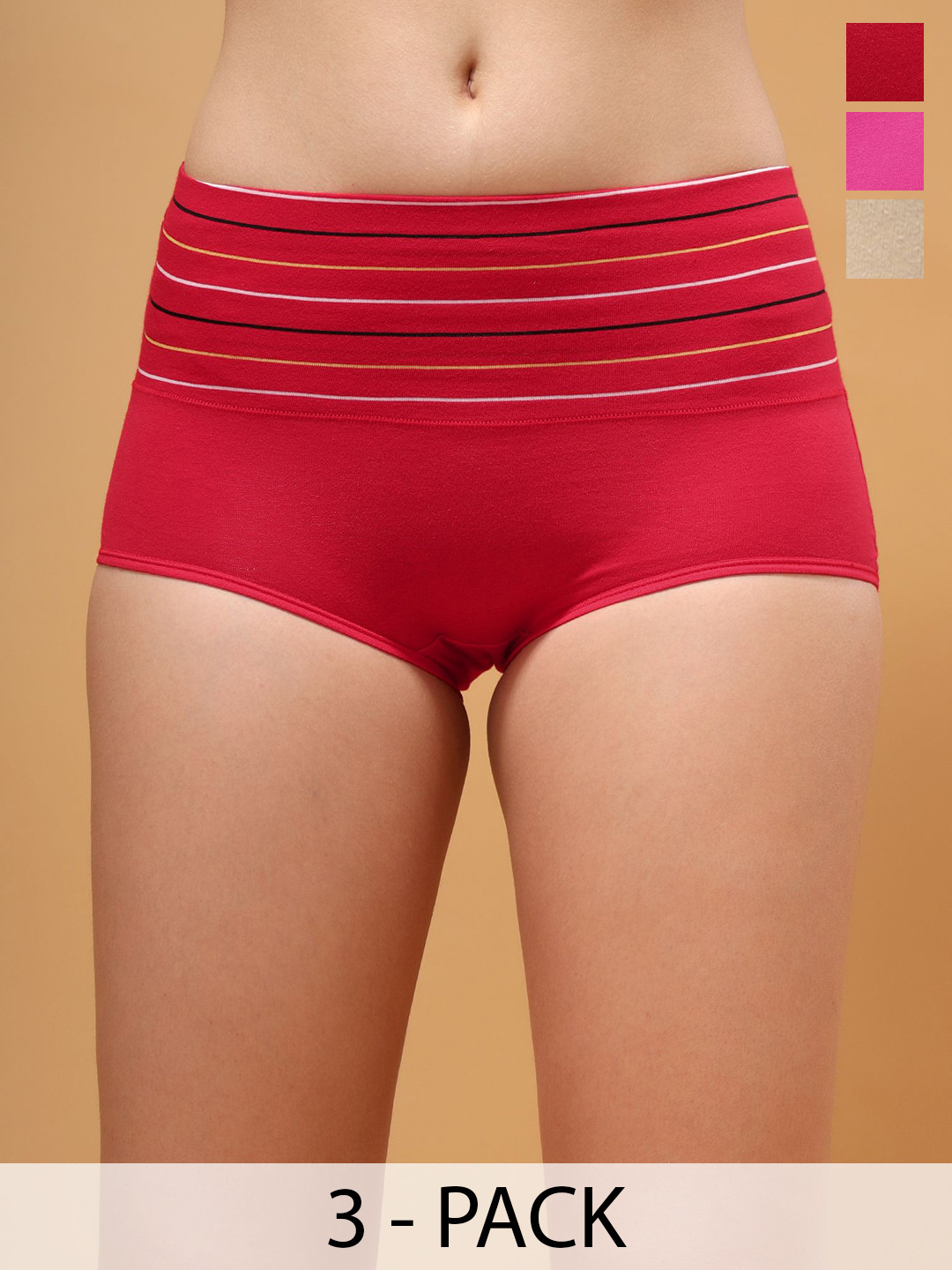 BRACHY Pack Of 3 Striped High-rise Hipster Briefs COM3_76BRIEFB4-M-Nude,Magenta,Red