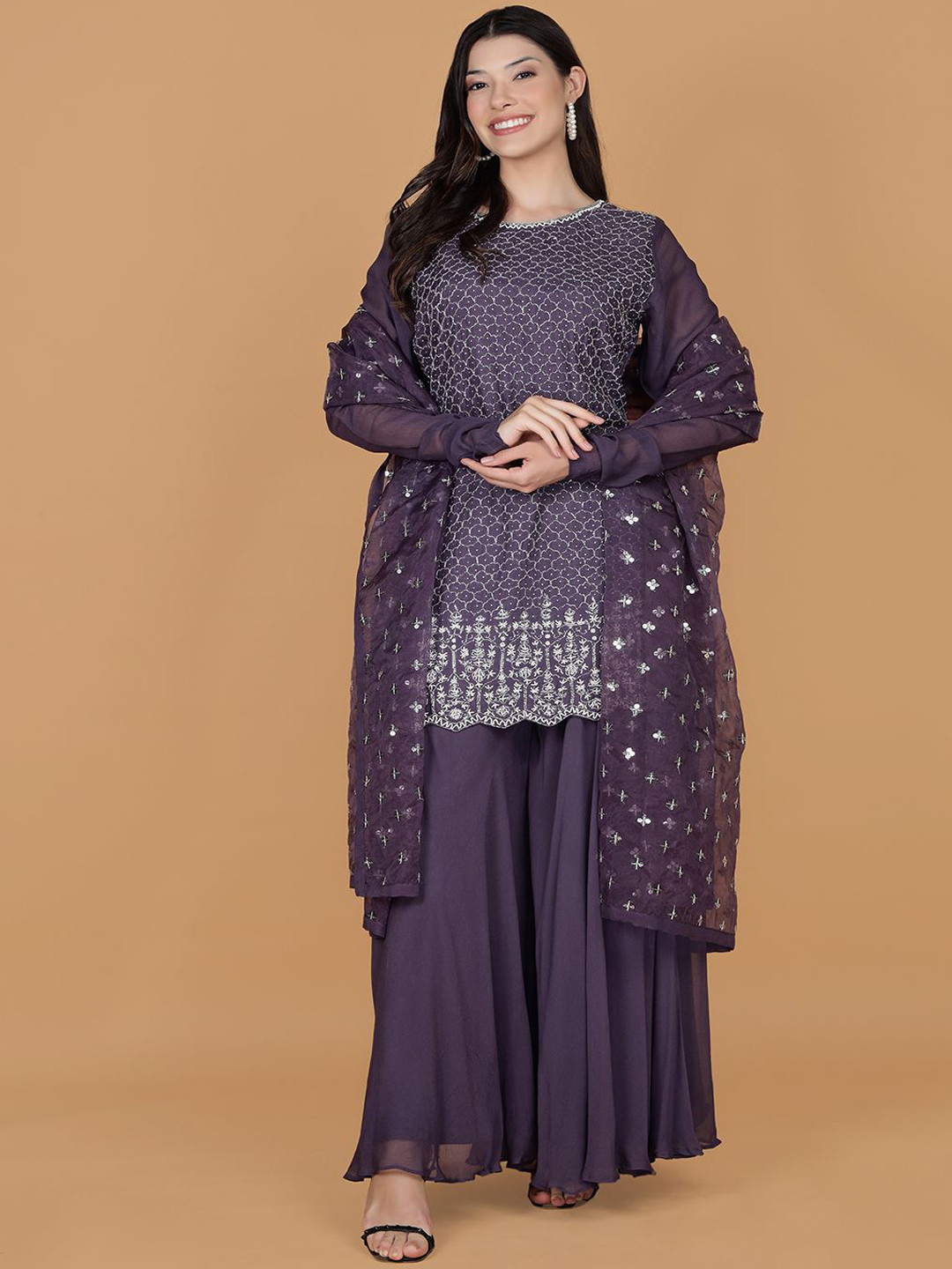 MILU MADAN Women Ethnic Motifs Embroidered Regular  Kurti with Sharara & With Dupatta