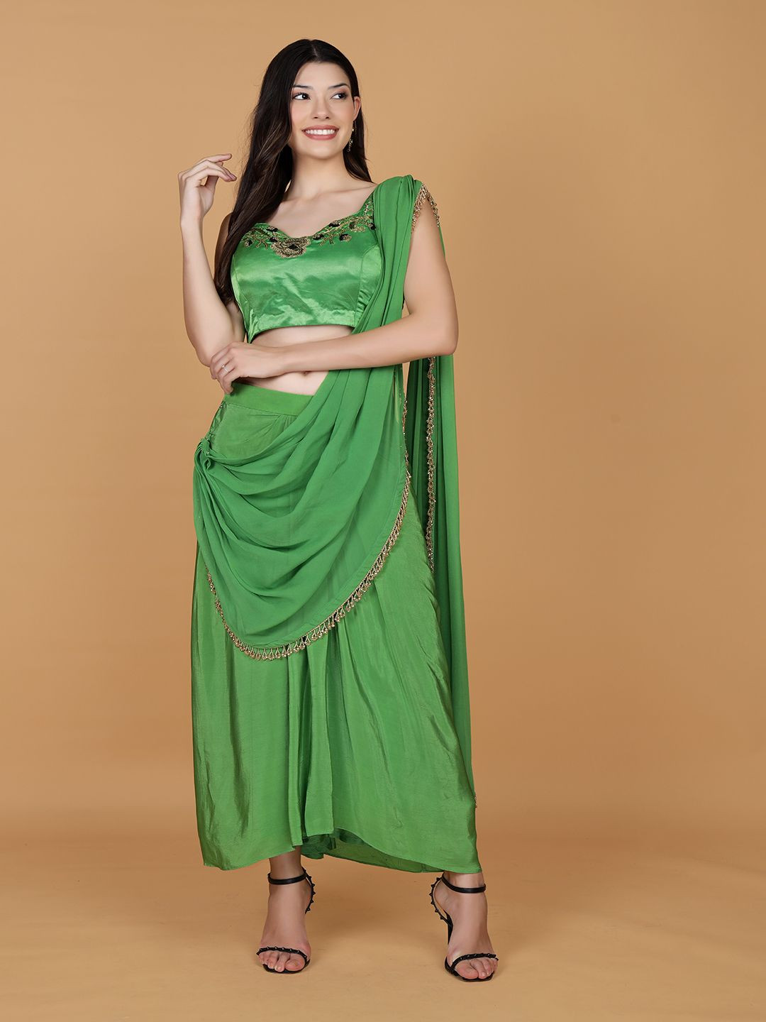 MILU MADAN Beads & Stones Embroidered Border Pure Crepe Dhoti Saree