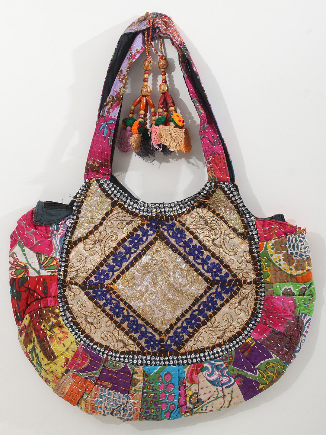 Exotic India Ethnic Motifs Patchwork Bucket Shoulder Bag With Zari Embroidery