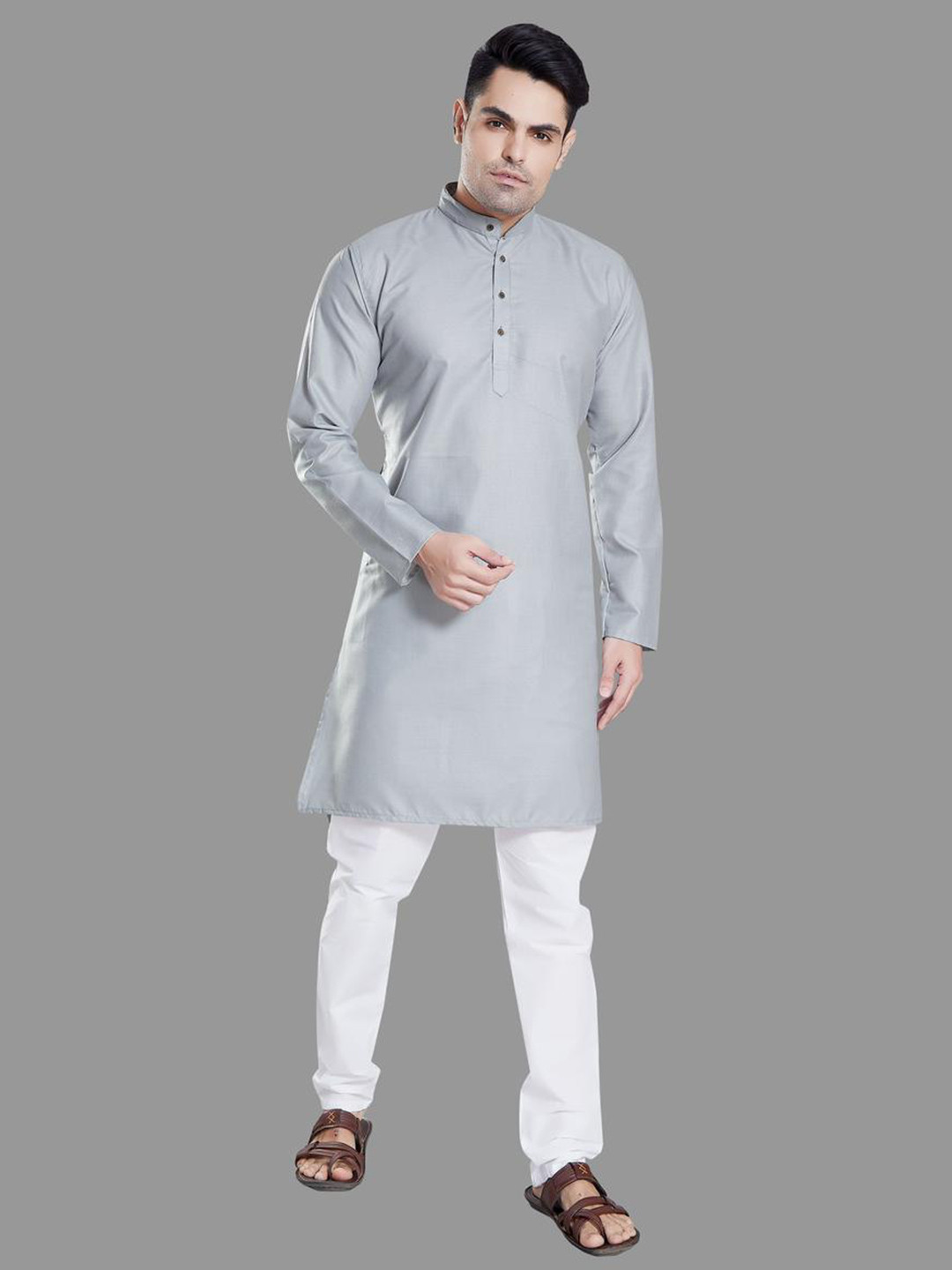 PulseIQ Grey Cotton Blend Solid Kurta Sets