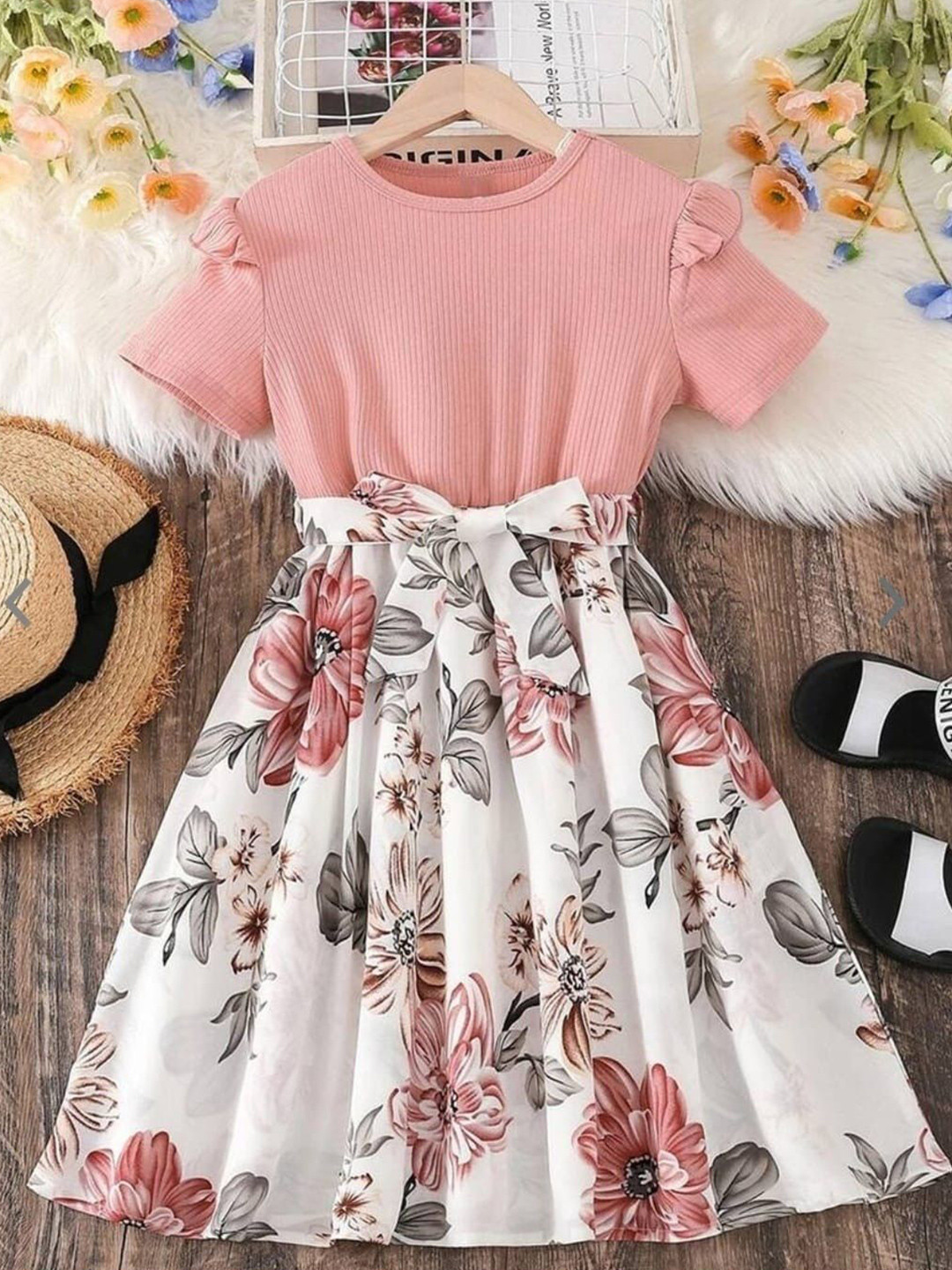 FLANZE Girls Floral Printed Bow Round Neck Fit & Flare Knee Length Dress