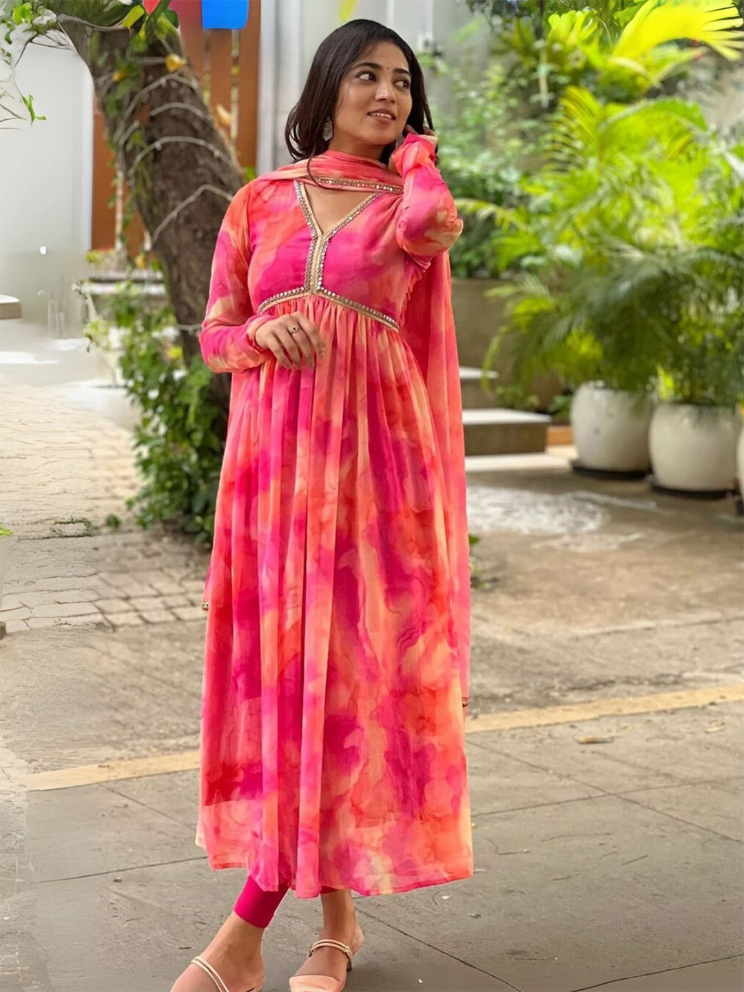 ODETTE Printed Fit And Flare With Ethnic Dresses With Dupatta