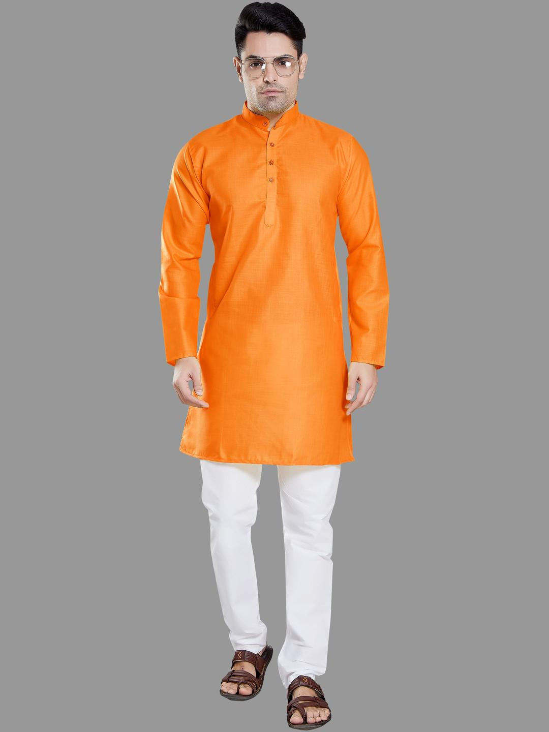 PulseIQ Orange Cotton Blend Solid Kurta Sets