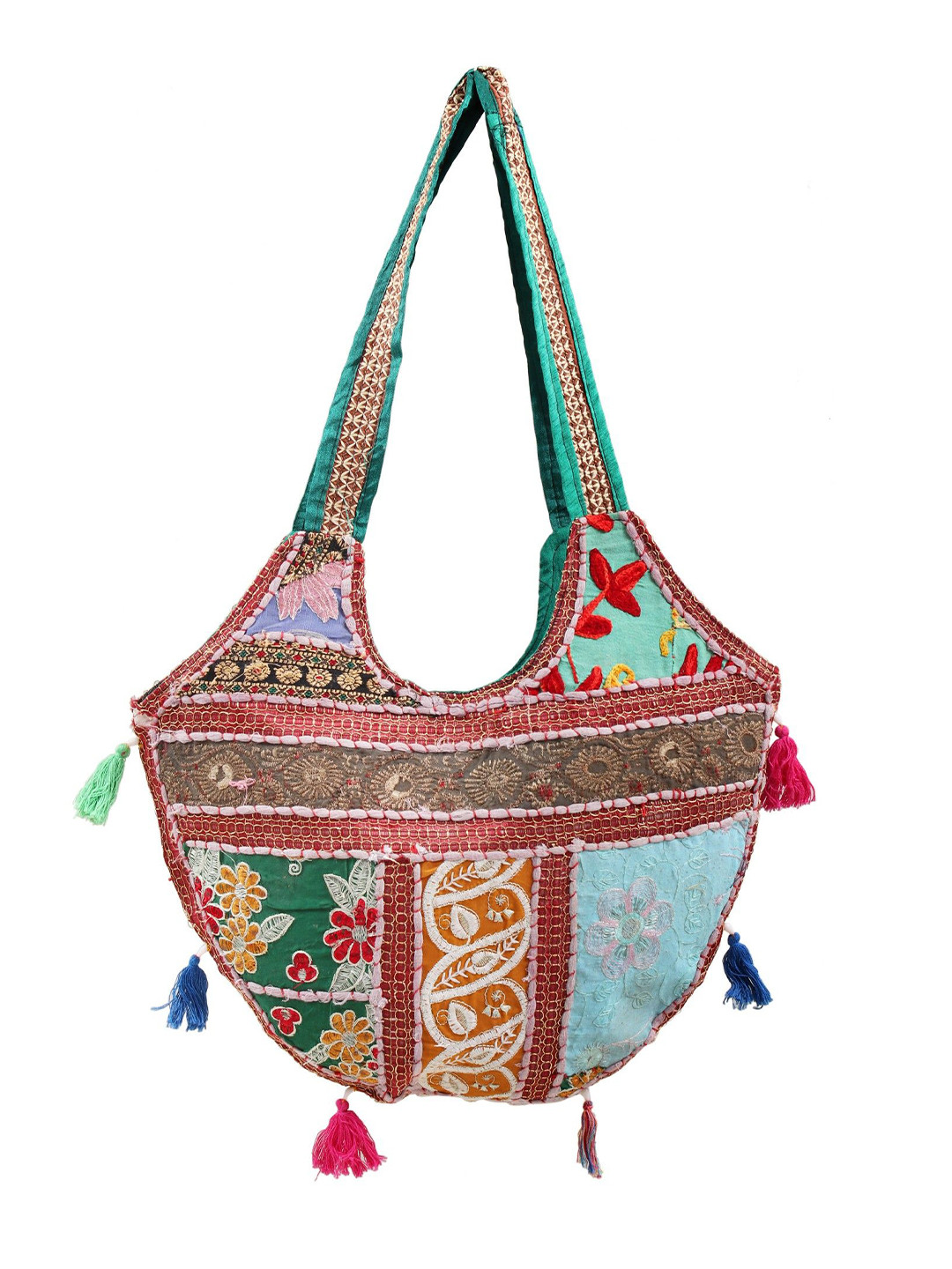 Exotic India Floral Patchwork Embellished Half Moon Shoulder Bag with Tassels