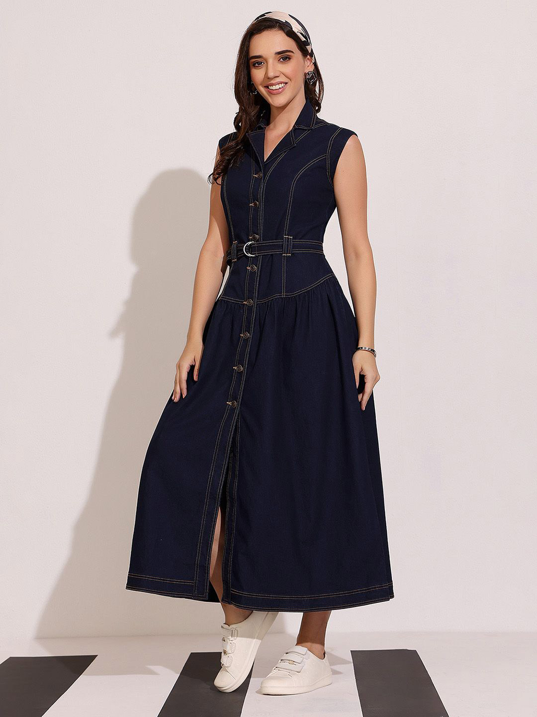 DOLCE CRUDO Women Solid V-Neck Casual A-Line Dress