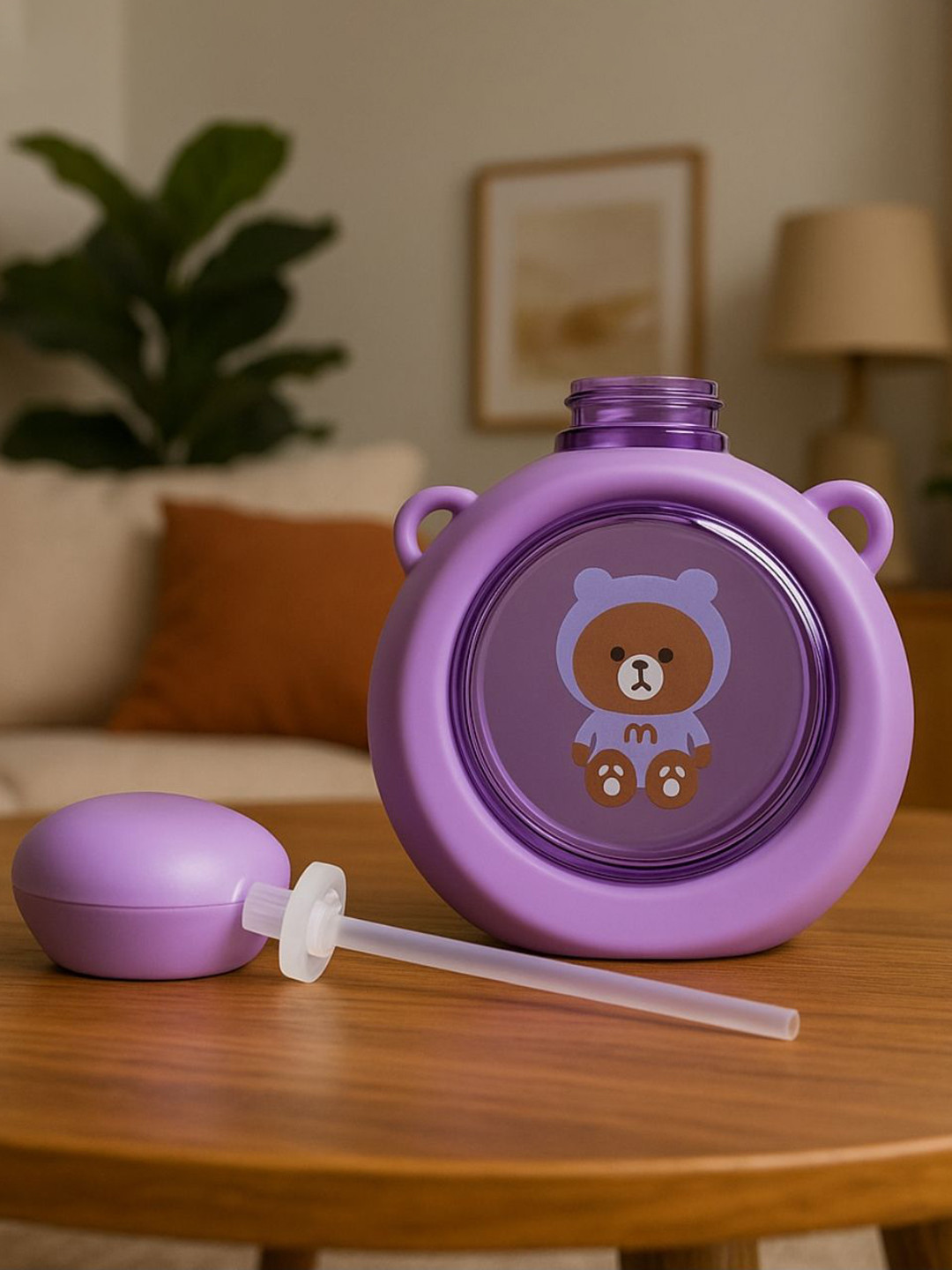 GUCHIGU Kids Purple & Brown Sipper Water Bottle With Straw 360 ml