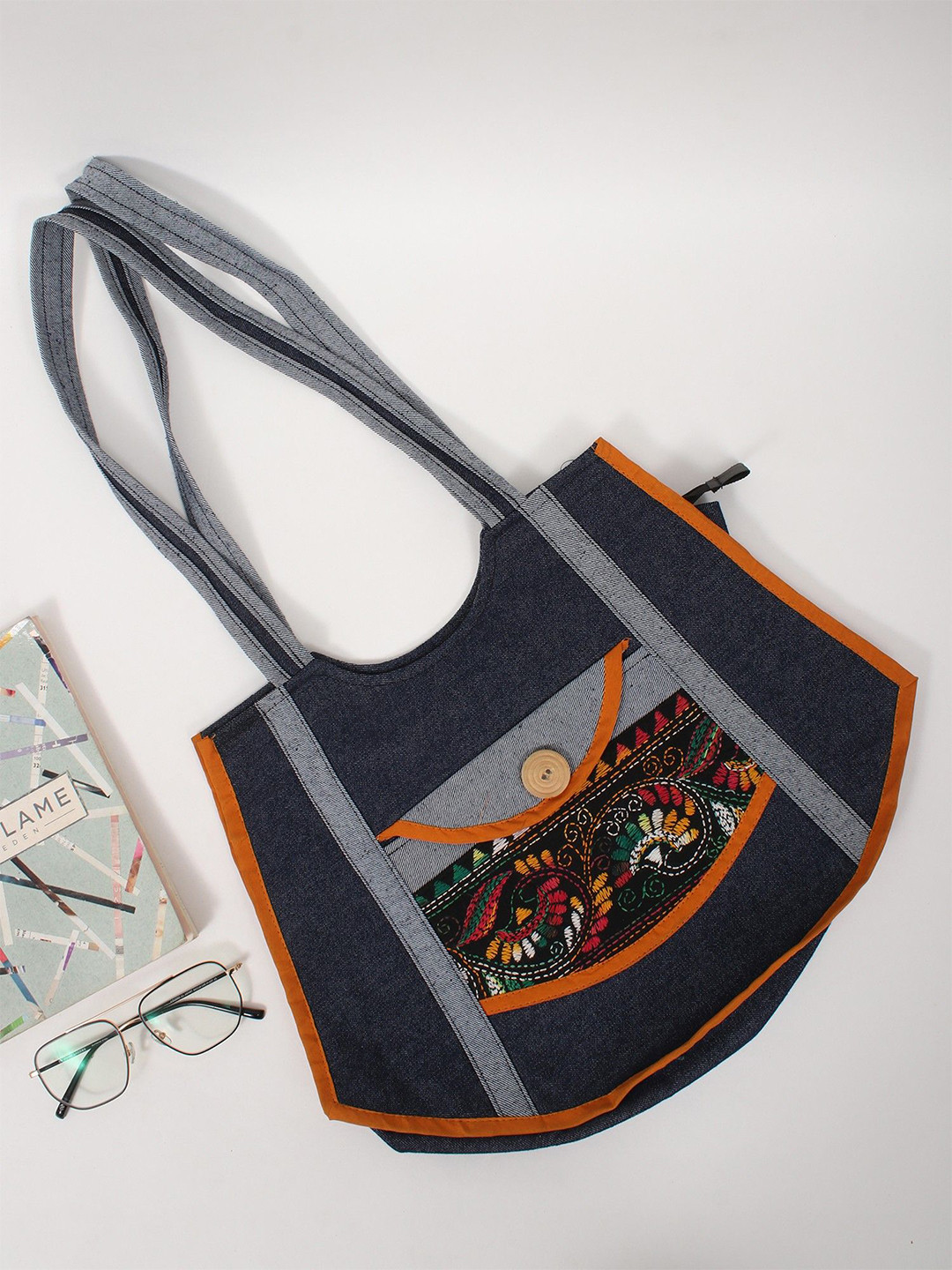 Exotic India Floral Embroidered Patchwork Structured Denim Tote Bag