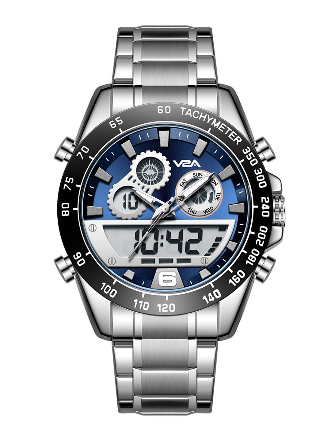 V2A Men Bracelet Style Straps Analogue and Digital Watch V2A-JF-2106-Slvr-Blu-Blue