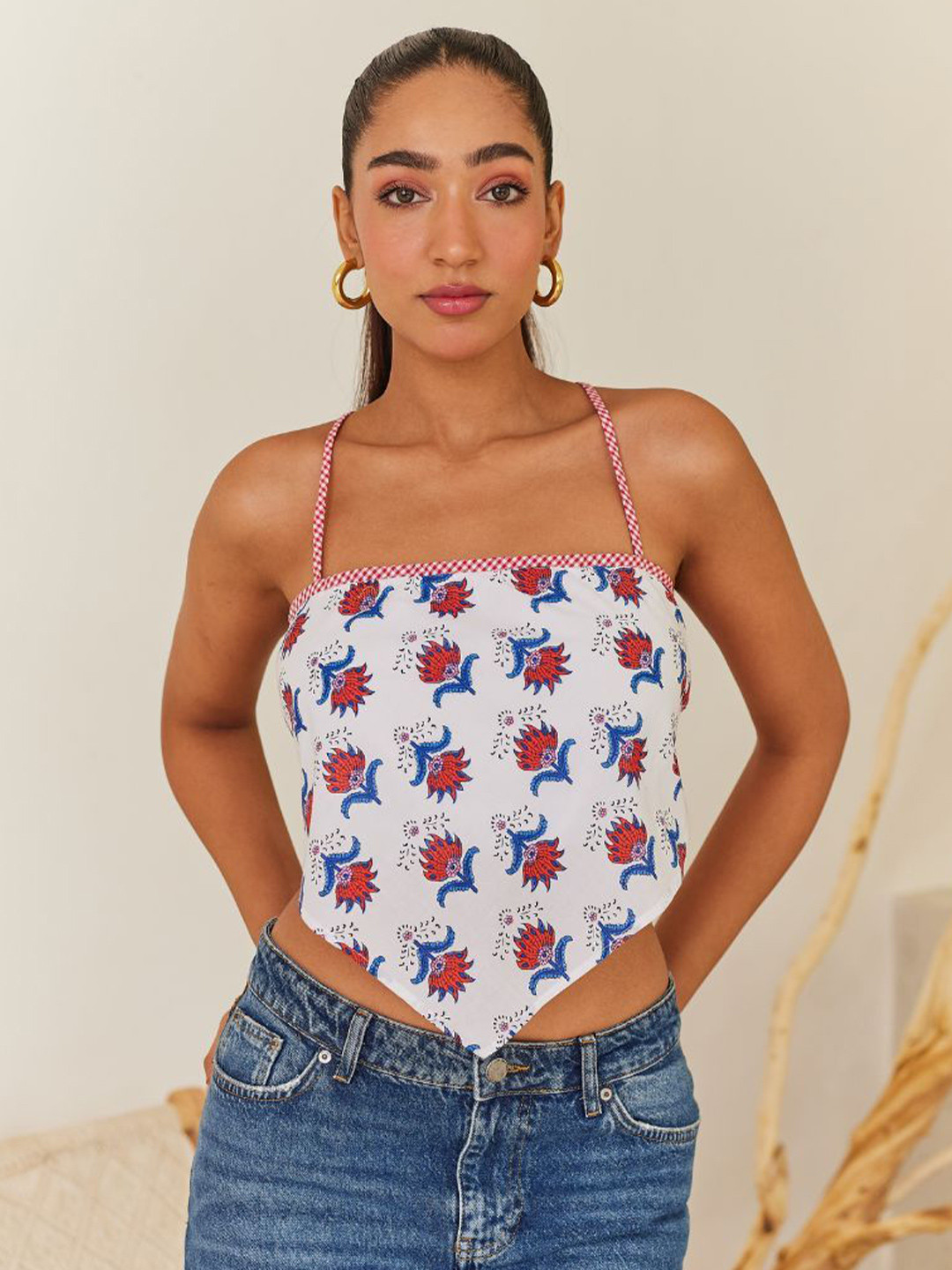Urban Suburban Women Floral Print Scarf With Gingham Tie Up Cotton Styled Back Crop Top