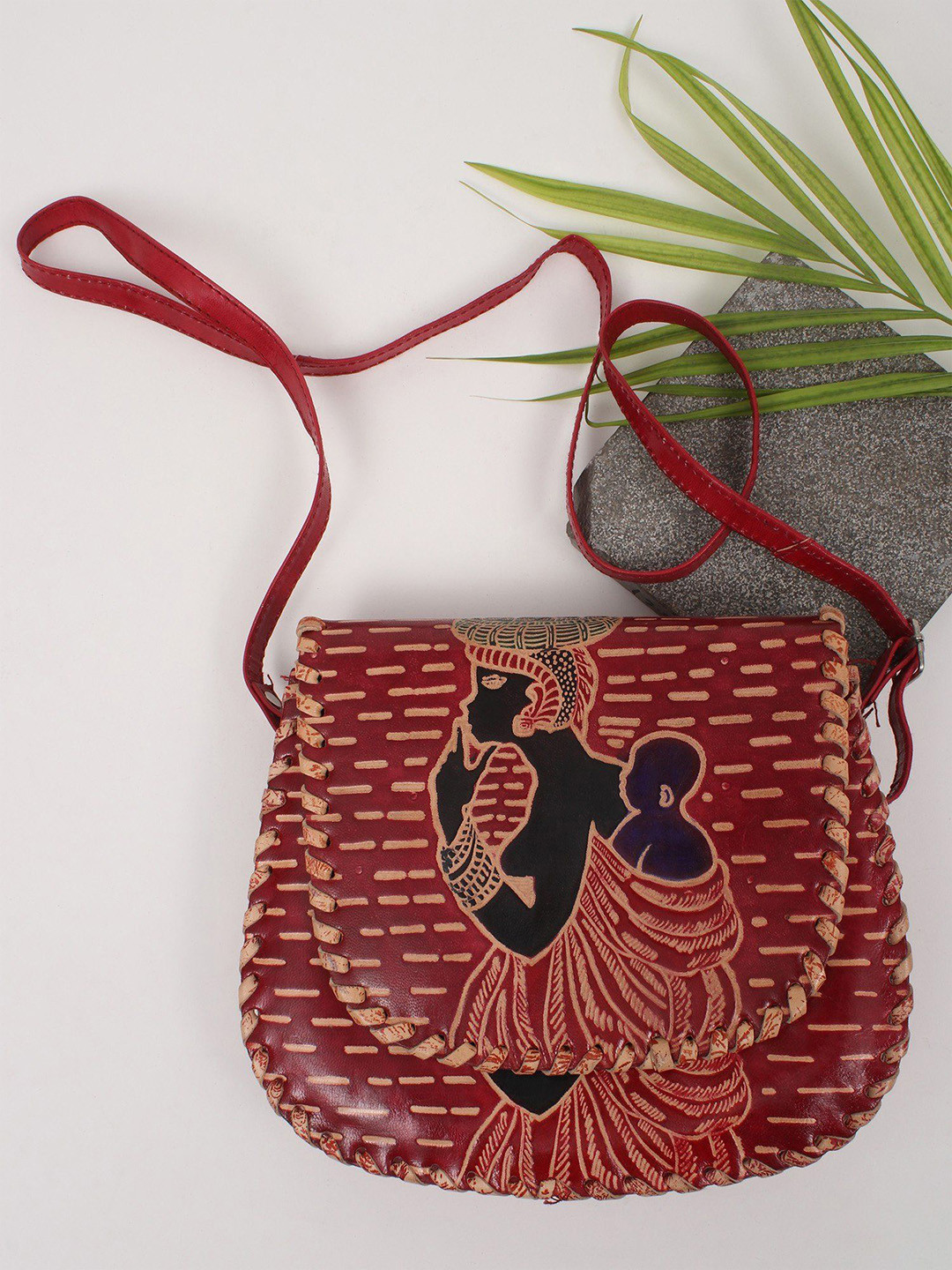 Exotic India Side Shoulder Shantiniketan Leather Bag with African Print