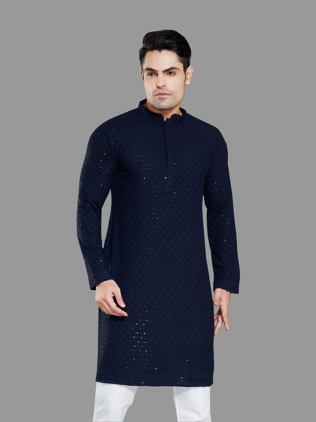PulseIQ Navy Blue Viscose Rayon Solid Kurta Sets