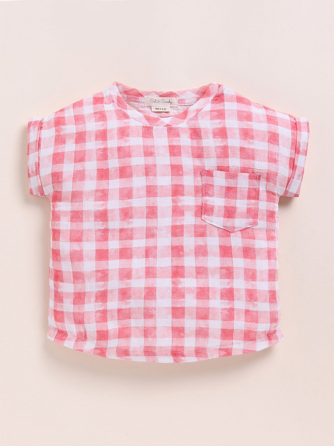 COT & CANDY Kids Pink Organic Cotton Half sleeves Round Neck Checked Printed Top