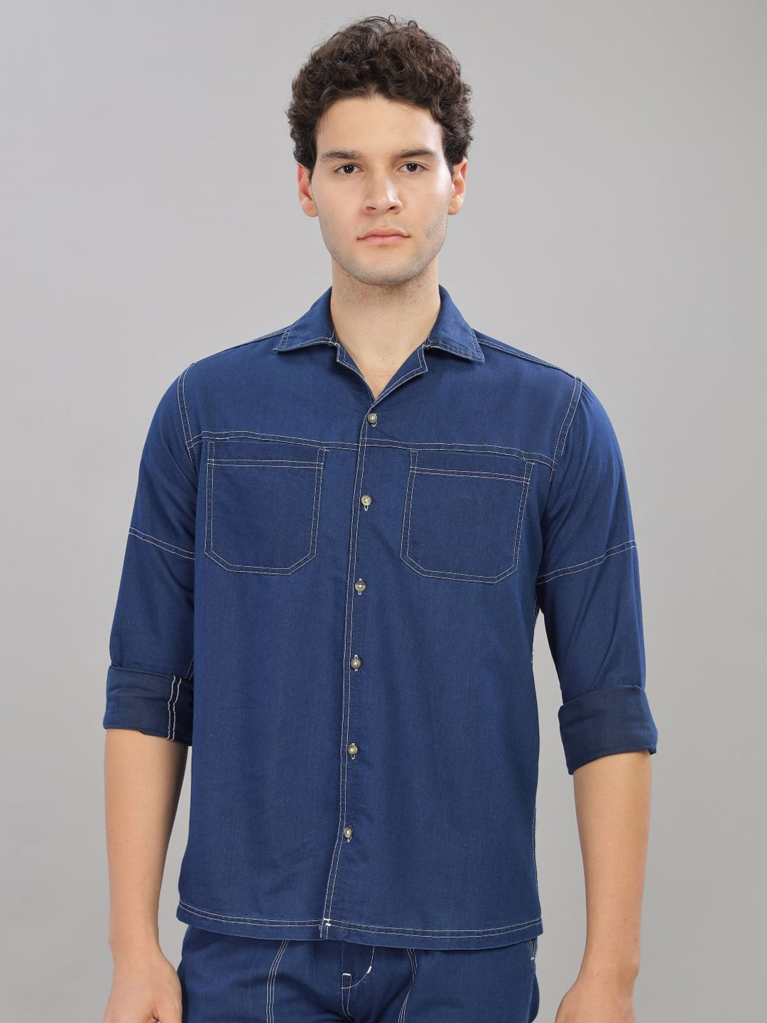 7TH LEGION Cuban Collar Smart Denim Cotton Casual Shirt