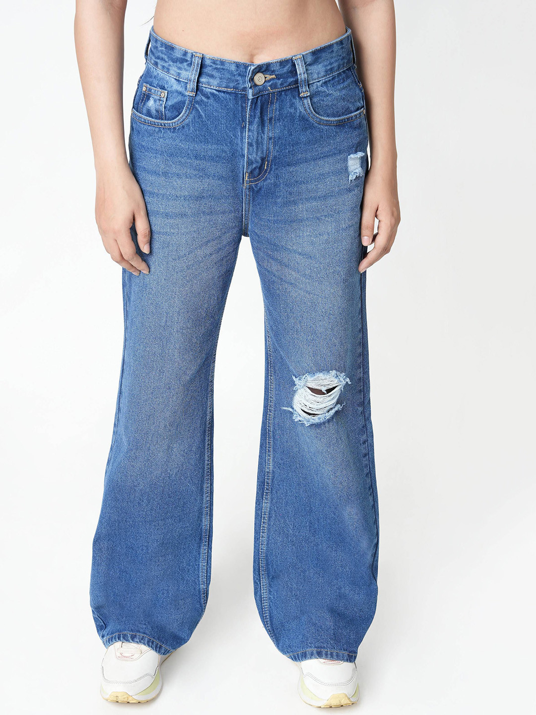 ZUYA Women Cotton Blue Torn Denim Jeans