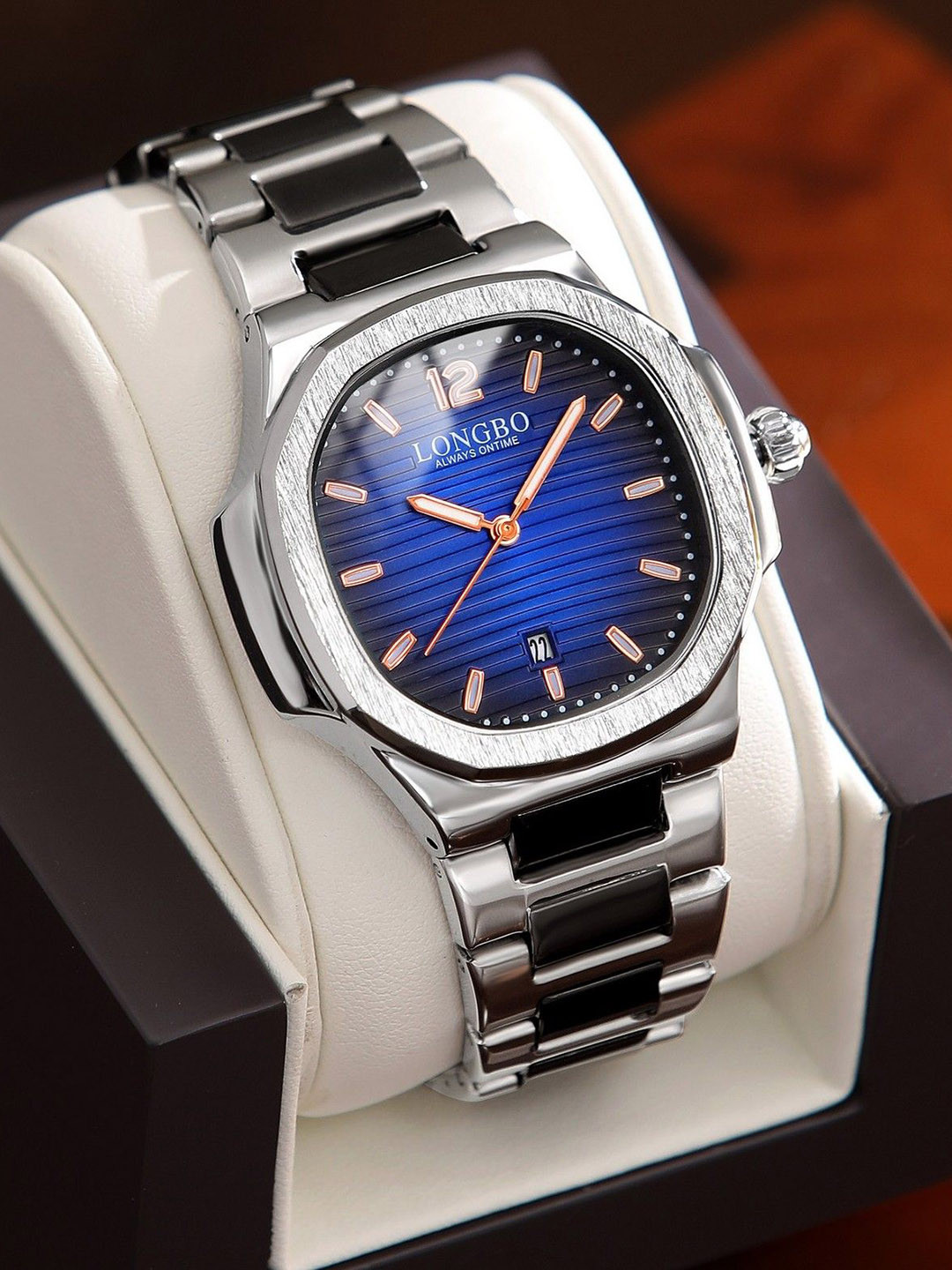 LONGBO Men Patterned Dial & Stainless Steel Straps Analogue Watch Long-80511-Slvr-Blk-Blu