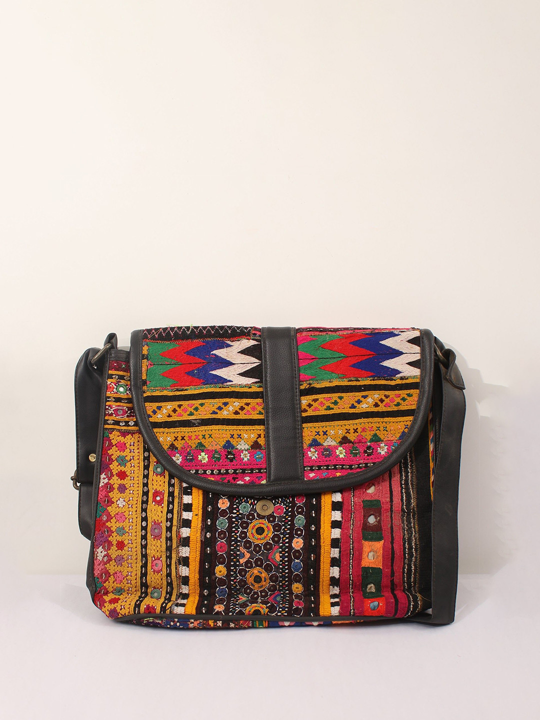 Exotic India Sequins-Mirror Work Boho Cross Bag With All-Over Antique Rabari Embroidery