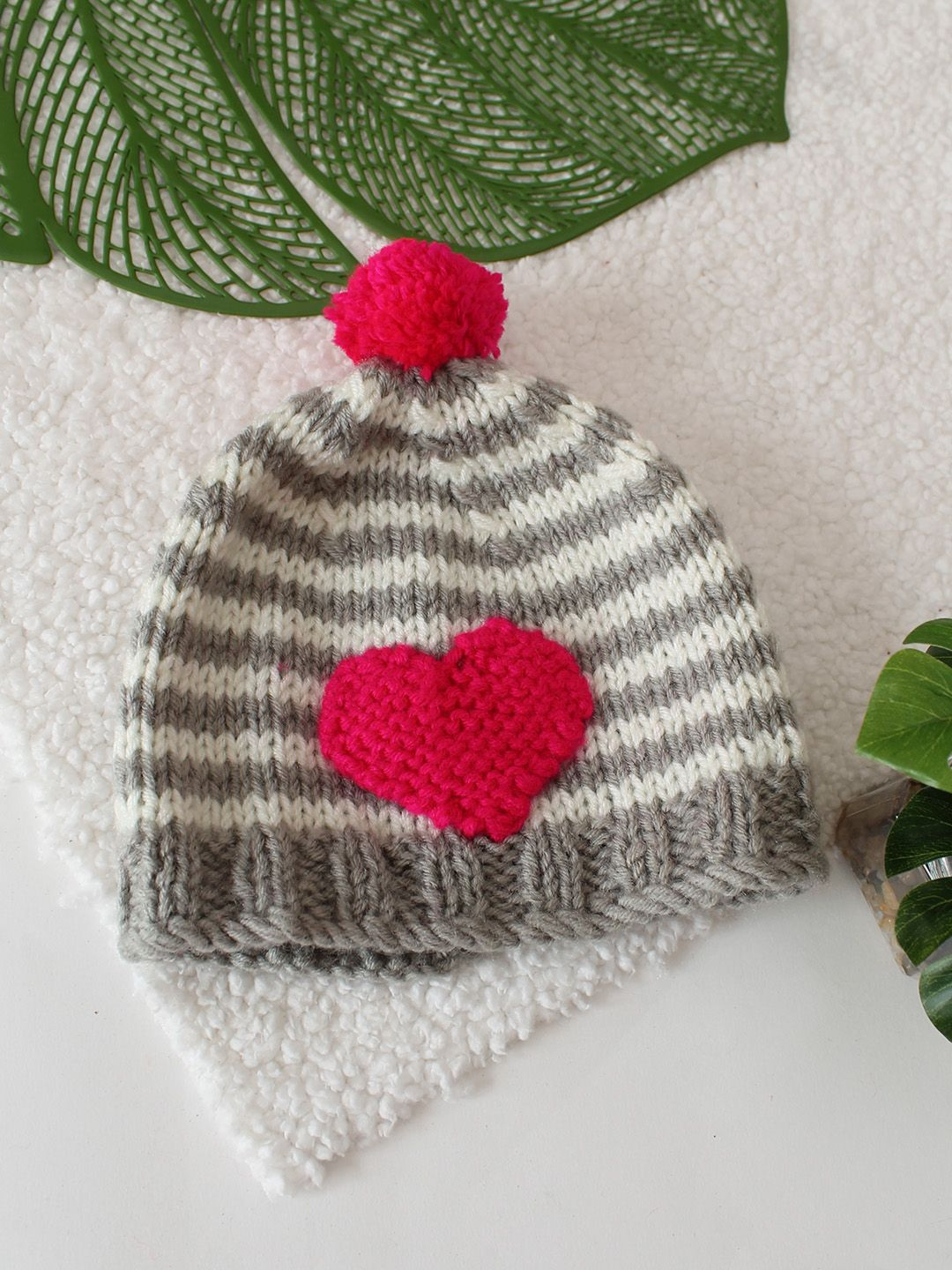 Woonie Kids Handknitted Heart Detailed Pom Pom & Striped Beanie Cap