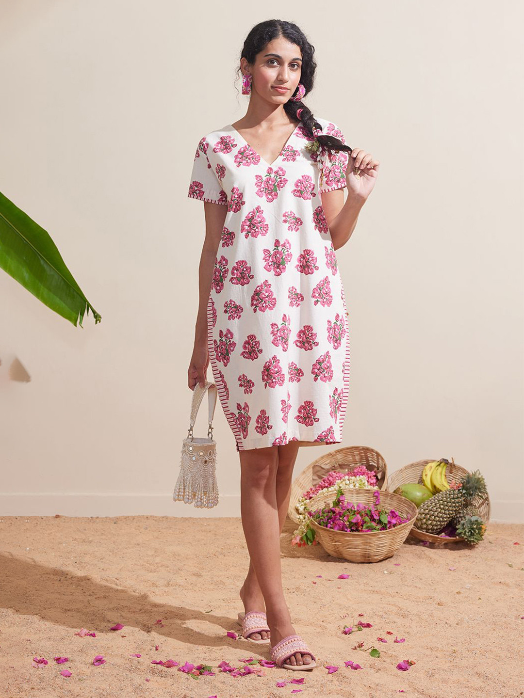 Dressfolk Women Ivory and Pink Cotton Floral Block Printed Dress