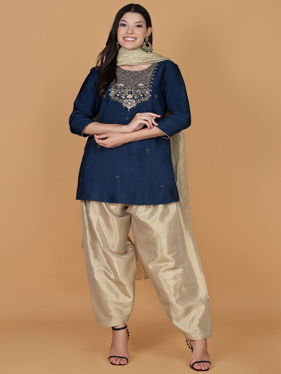 MILU MADAN Women Yoke Design Regular Aari Work Kurti with Salwar & With Dupatta