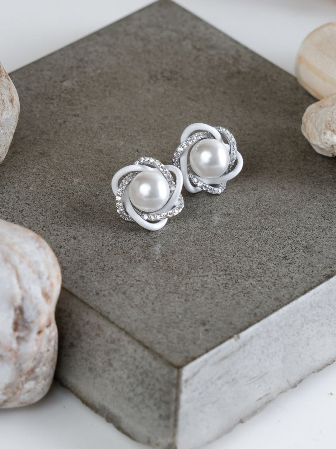 Tora 925 Silver Rhodium-Plated Cubic Zirconia Studded & Pearls Beaded Circular Studs