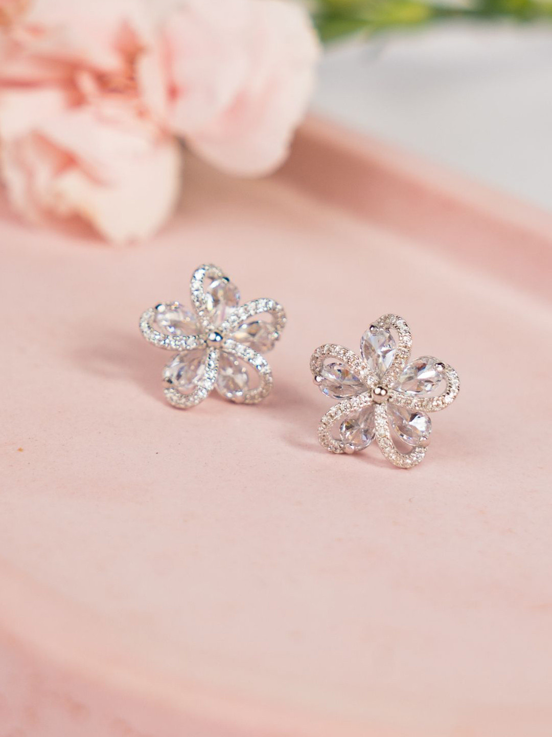 Tora 925 Sterling Silver Rhodium-Plated Cubic Zirconia Studded Floral Shape Studs