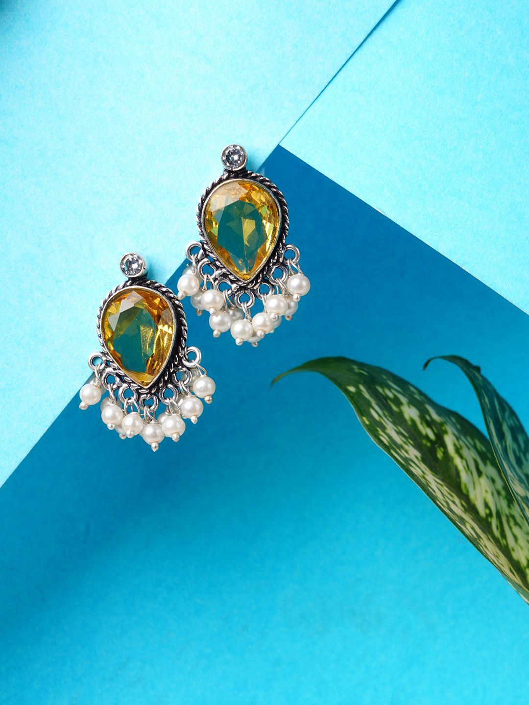 Bamboo Tree Jewels Crystals Studded And Pearls Beaded Teardrop Shaped Studs