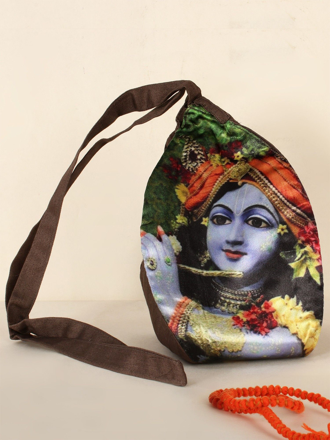 Exotic India Krishna Printed Half Moon Gaumukhi Japa Mala Handheld Bag