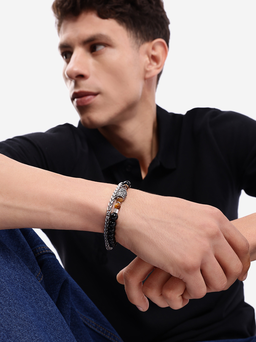 Silver Plated with Bead Double Chain Bracelet