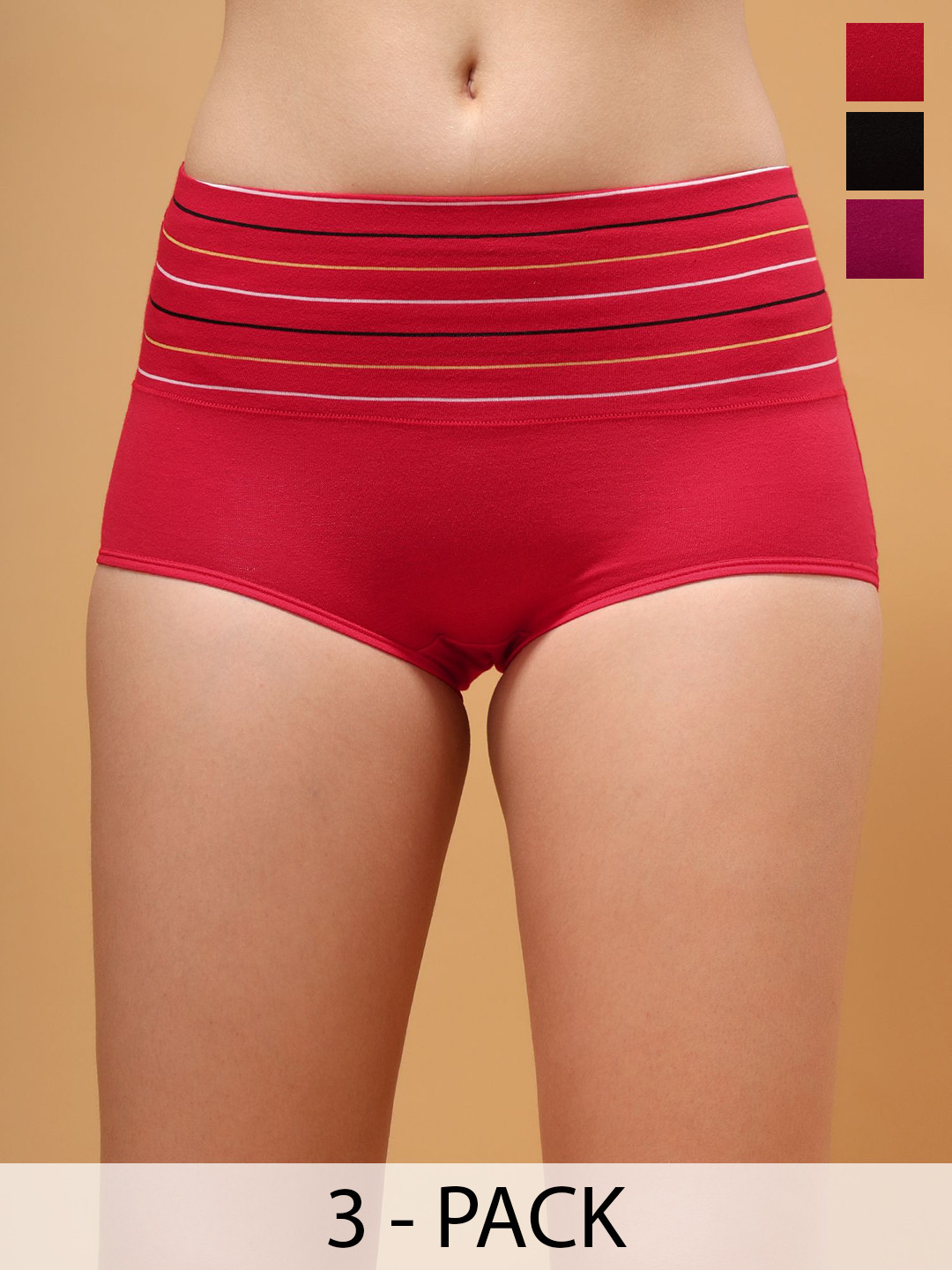 BRACHY Pack Of 3 Striped High-rise Hipster Briefs OM3_76BRIEFB3-M-Purple,Red,Black