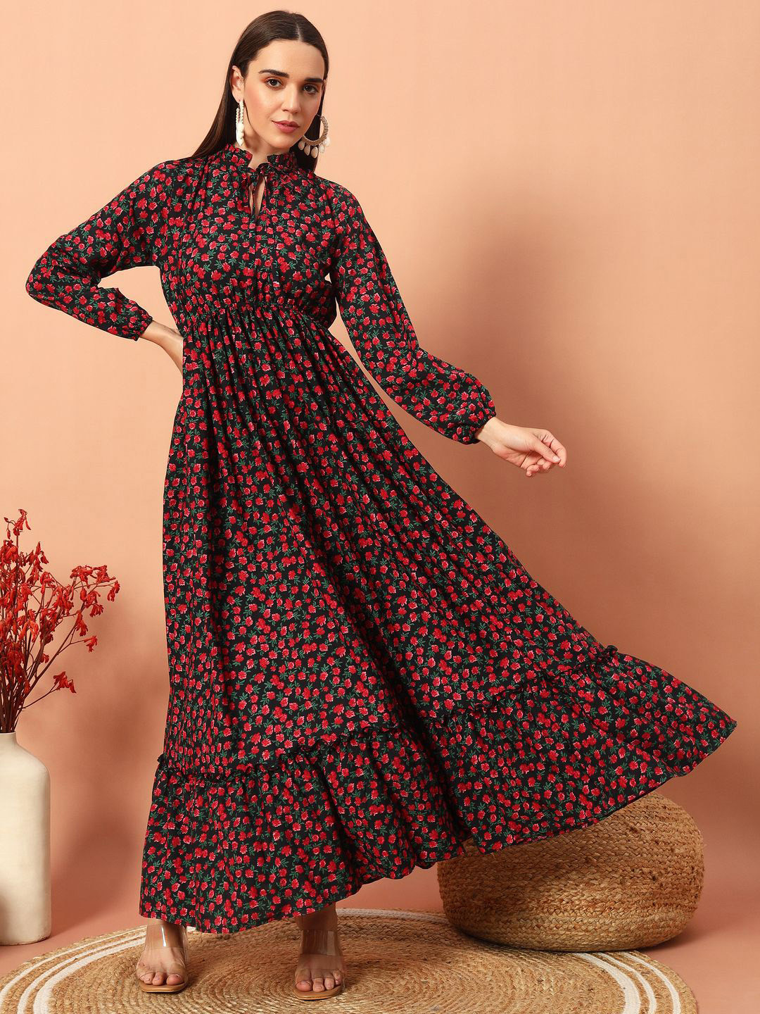 LookShine Women Floral Printed Tie-Up Neck Tiered Fit & Flare Maxi Dress