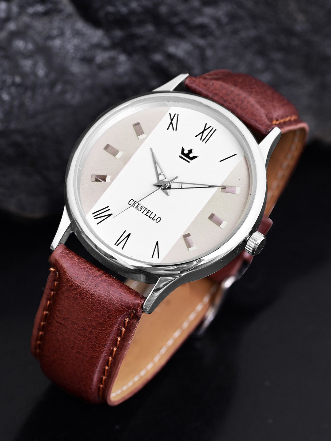 CRESTELLO Men Embellished Dial & Leather Straps Analogue Watch CR-WT044-SLV-BRW