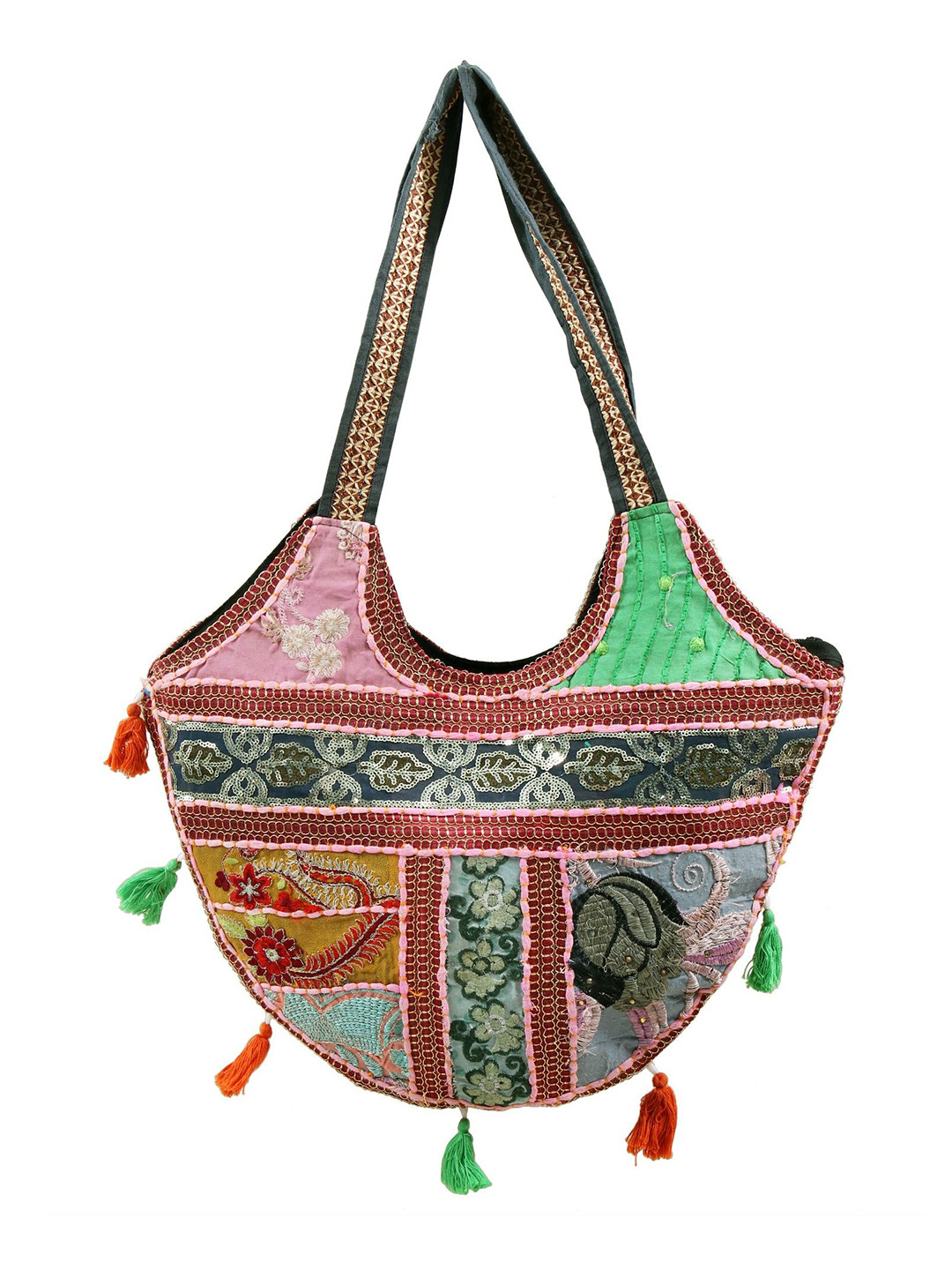Exotic India Floral Patchwork Embellished Canvas Structured Shoulder Bag
