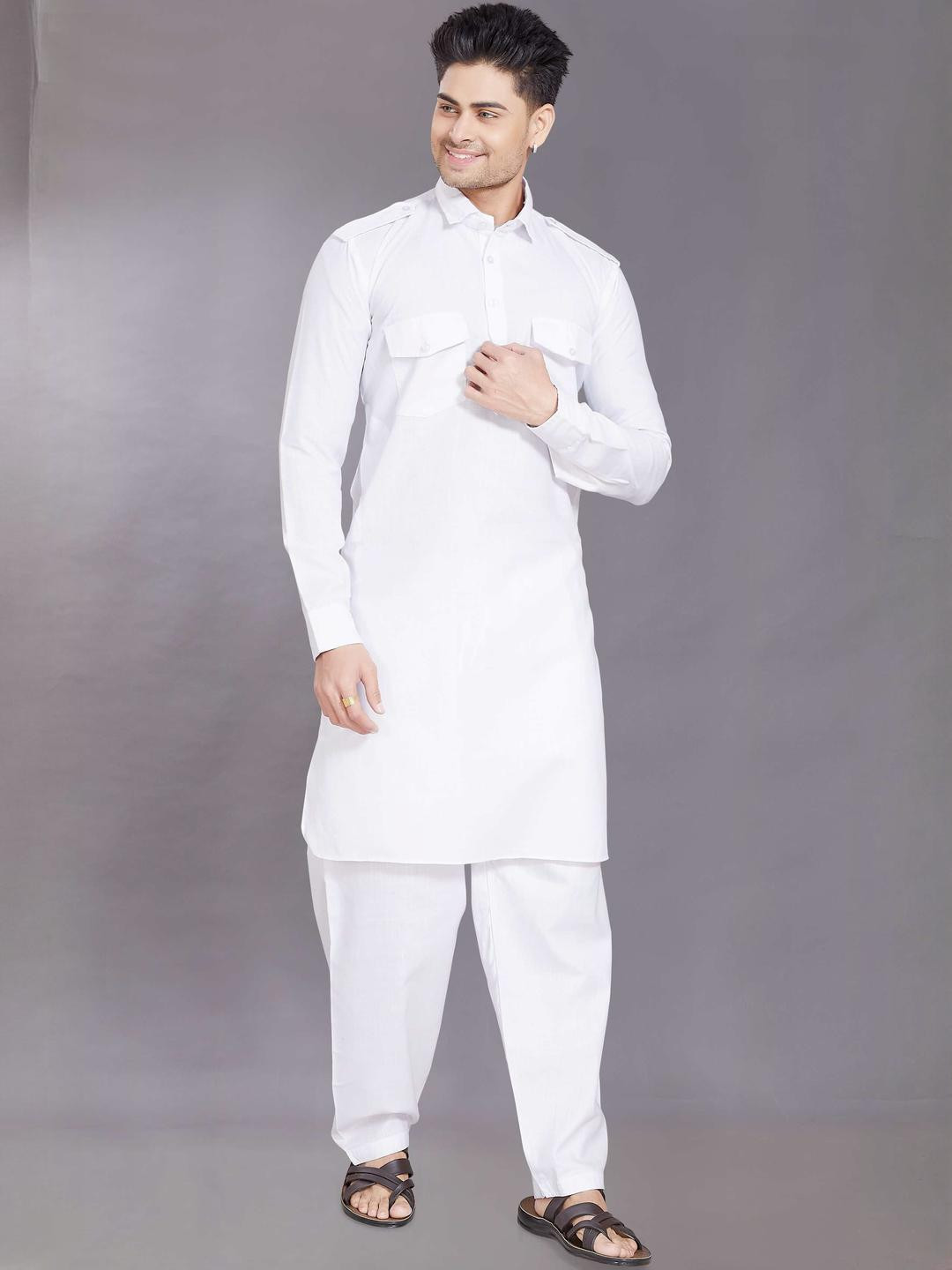 PulseIQ White Cotton Blend Solid Kurta Sets