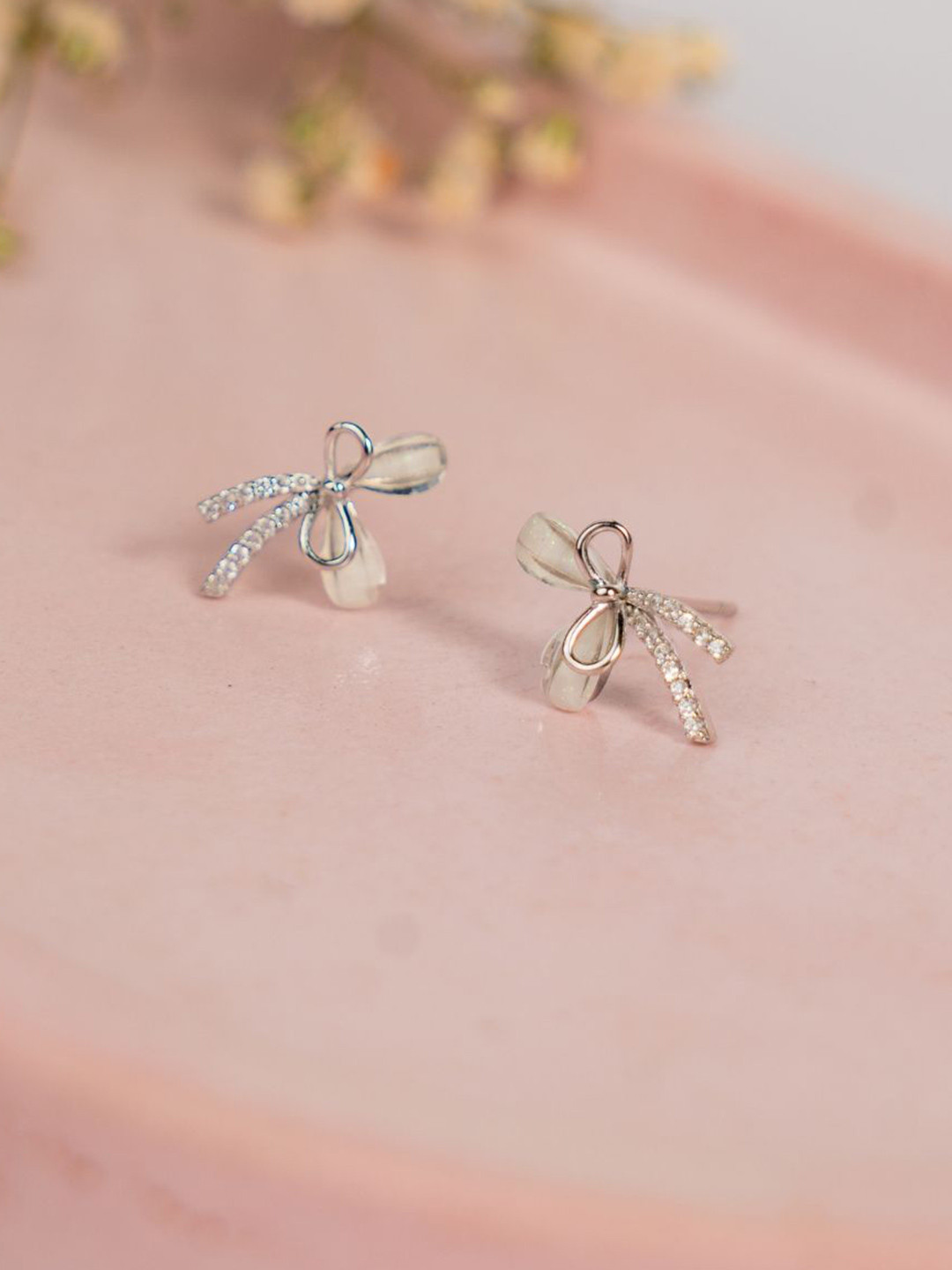 Tora 925 Sterling Silver Rhodium-Plated Cubic Zirconia Studded Bow Shaped Studs