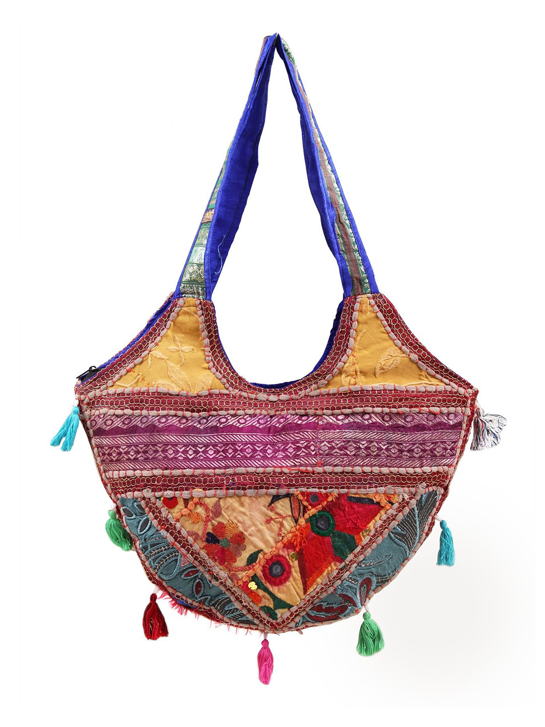 Exotic India Floral Embroidered Patchwork Tasselled Canvas Cotton Shoulder Bag