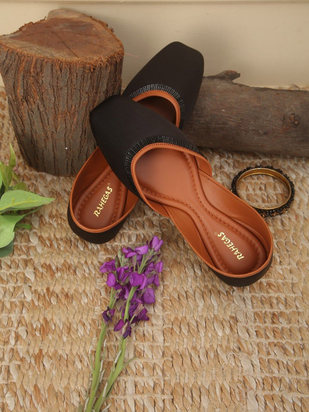 RAHEGAS Women Solid Square Toe Ethnic Embellished Leather Mojaris