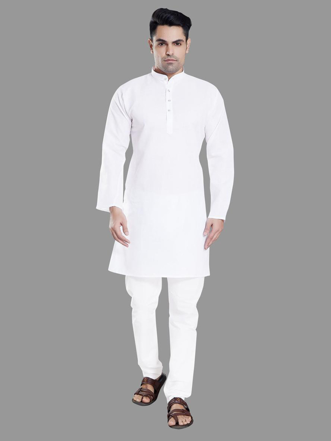 PulseIQ White Cotton Blend Solid Kurta Sets