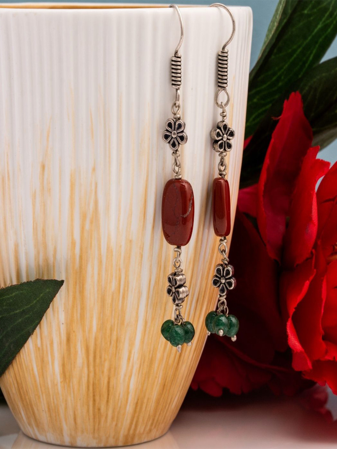 Shrim jewels Brass-Plated  Jasper & Aventurine Beaded Floral Shaped Oxidised Drop Earrings