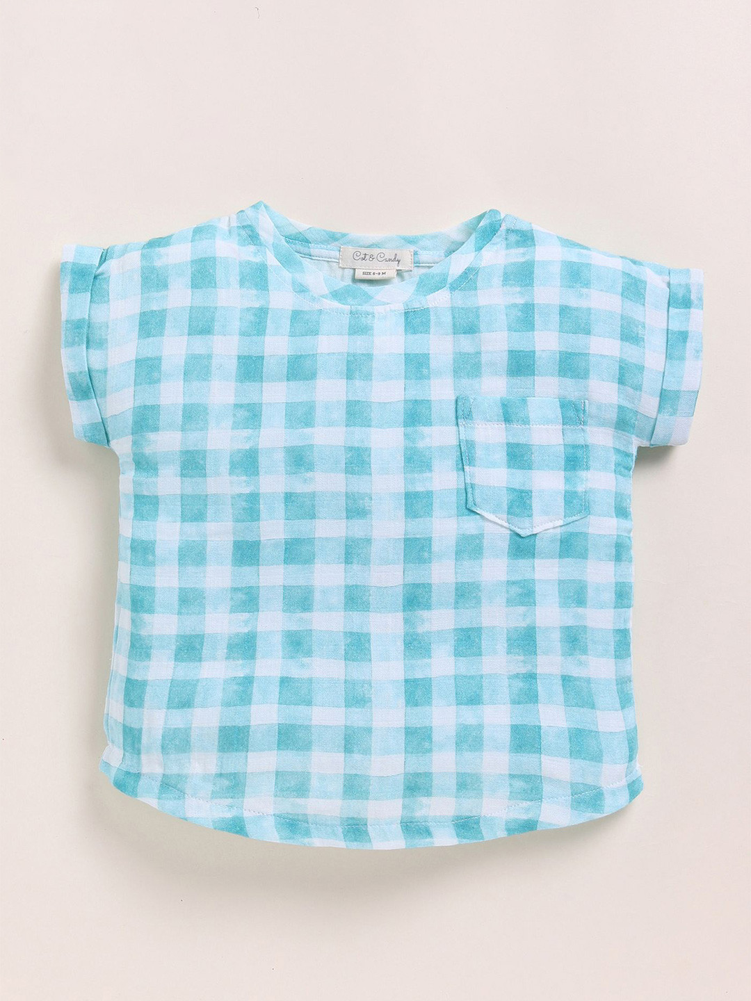 COT & CANDY Kids Teal Blue Organic Cotton Half sleeves Round Neck Checked Printed Top