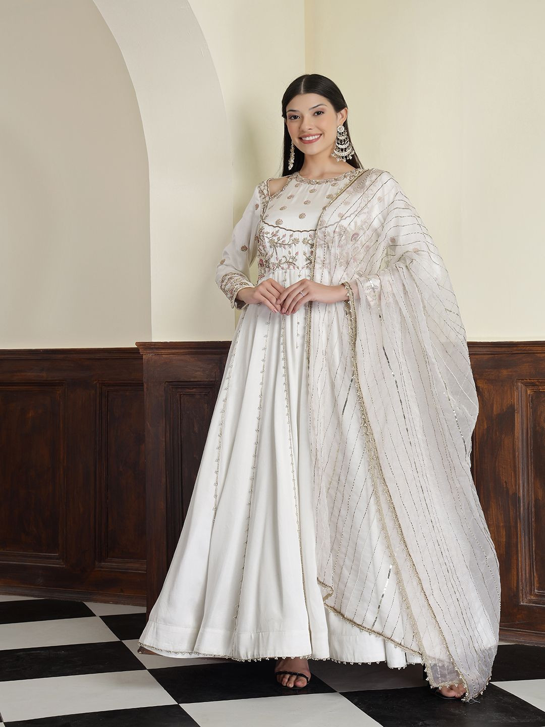 MILU MADAN Women Ethnic Motifs Embroidered Boat Neck Satin Ethnic Dress