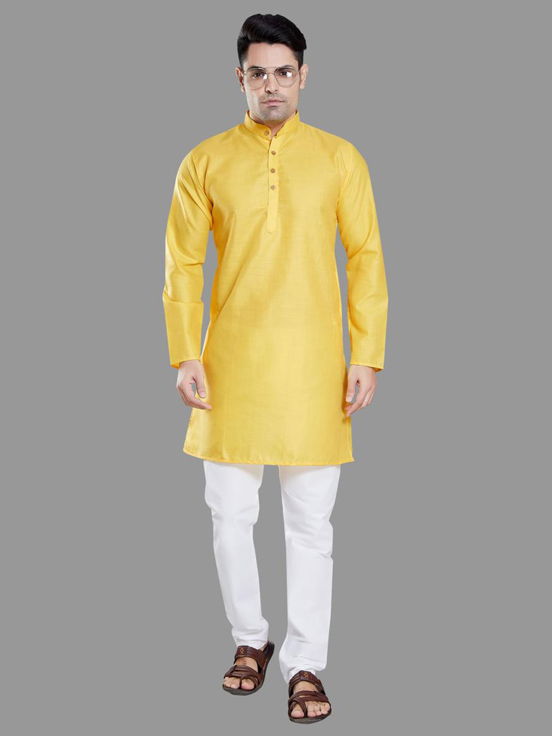 PulseIQ Yellow Cotton Blend Solid Kurta Sets