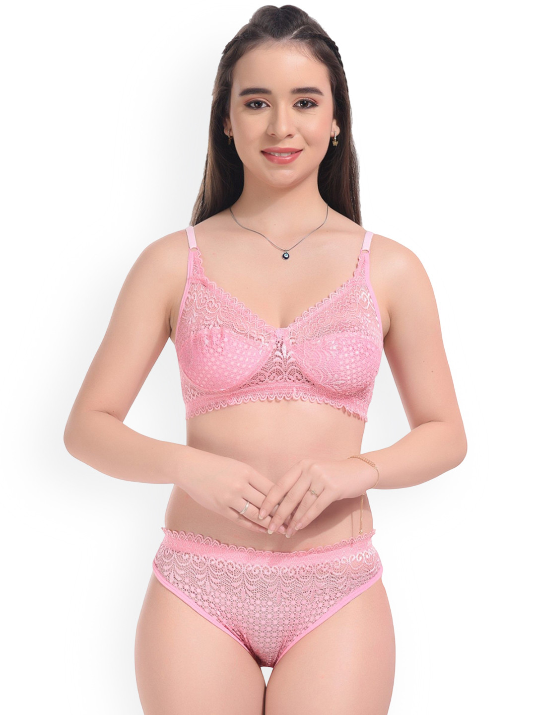 DHANDAI FASHION Self Design Non Padded Lingerie Set Decent Set-Pink (M-2-1P)