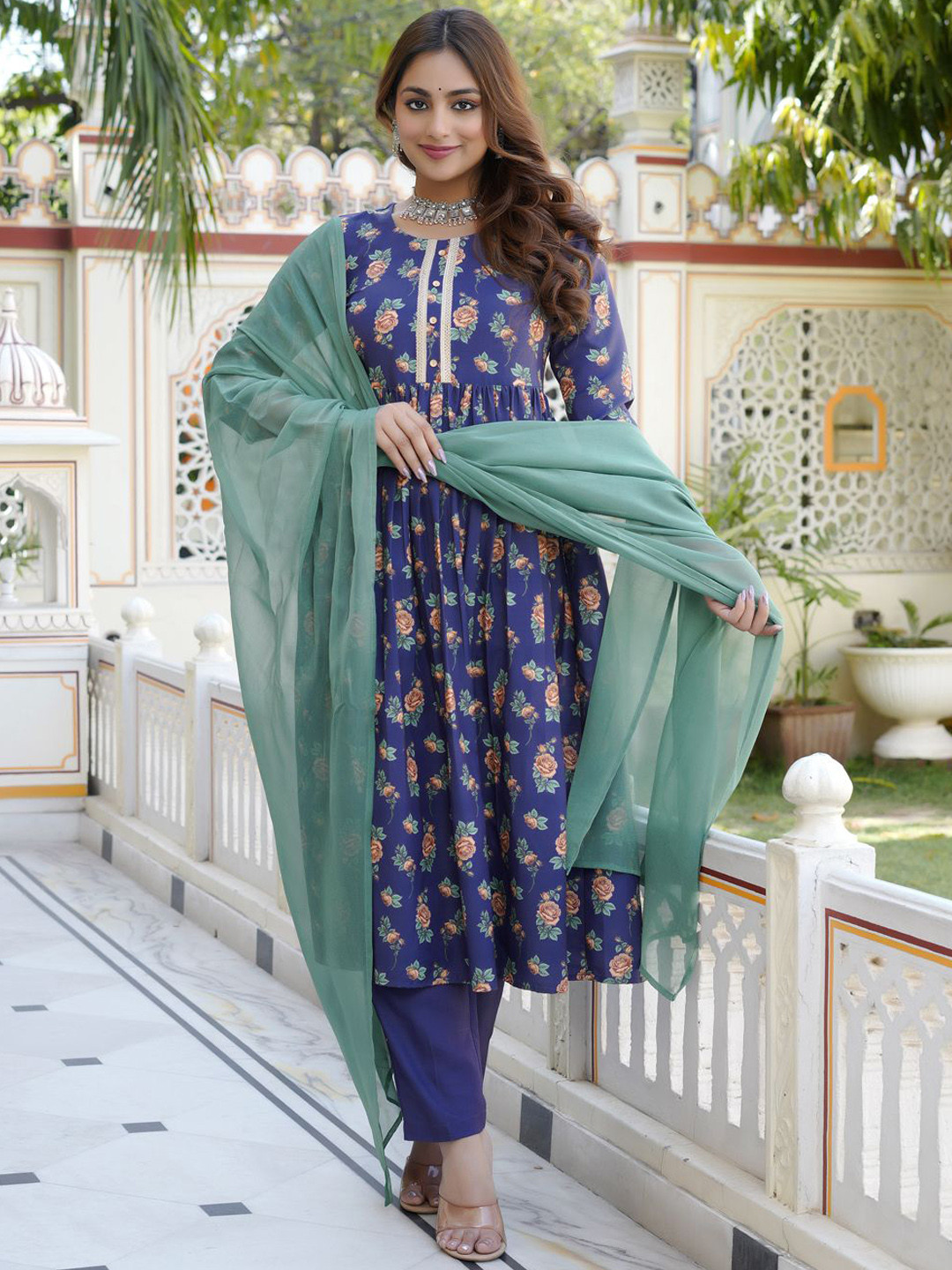 VIBE VISION Floral Printed Pure Silk A-Line Kurta With Trousers & Dupatta