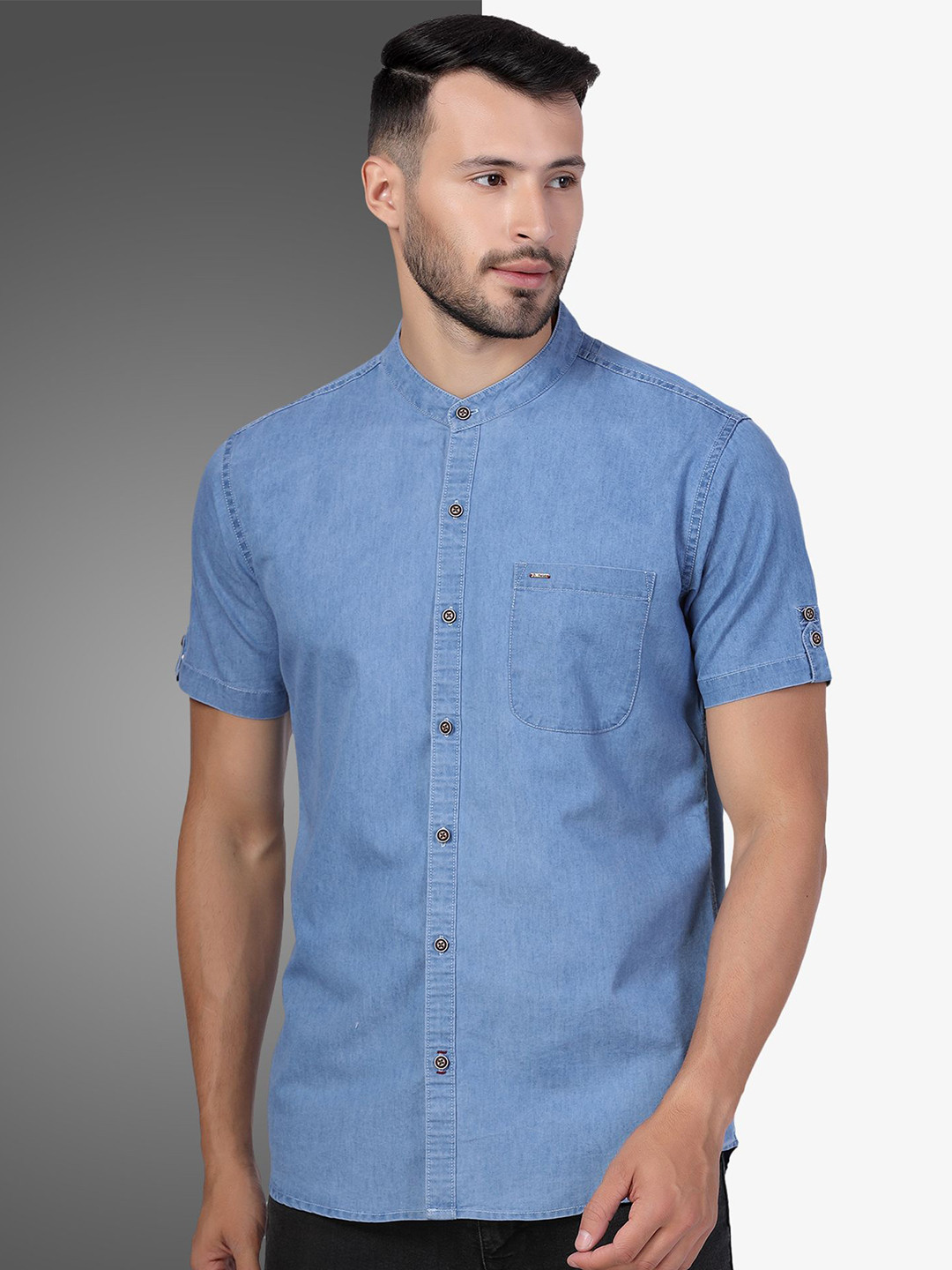 D Finish Band Collar Smart Denim Casual Shirt