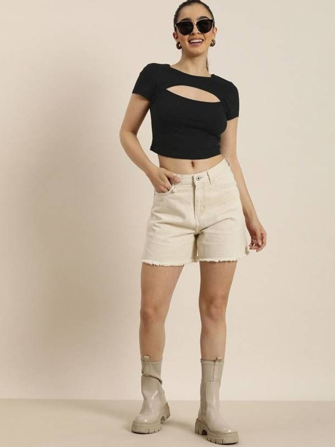 Miava Joylina Women Round Neck Cut-Out Front Cotton Crop Top