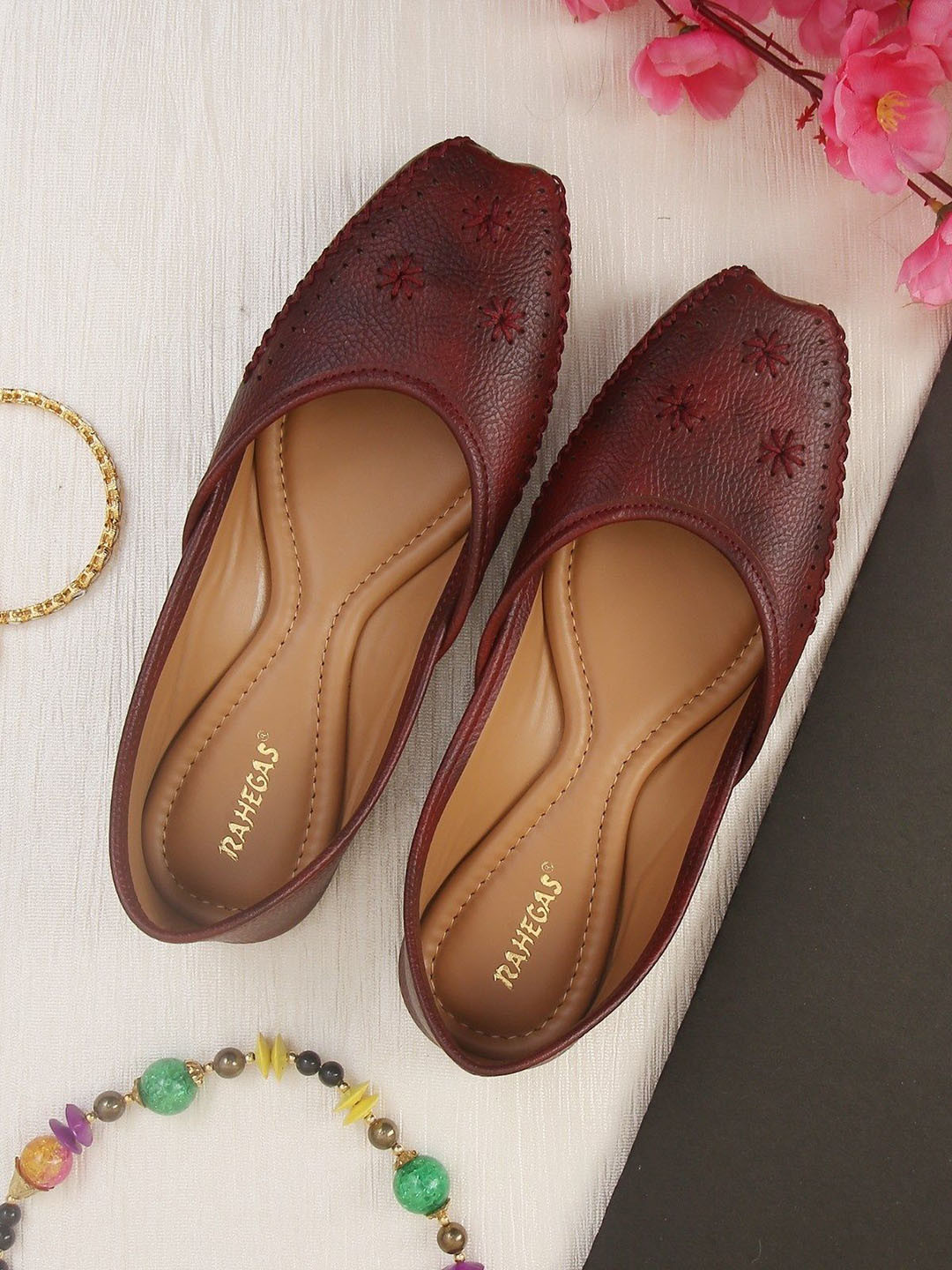 Women's Textured Square Toe Ethnic Embellished Leather Mojaris (mojari shoes, jutti shoes)