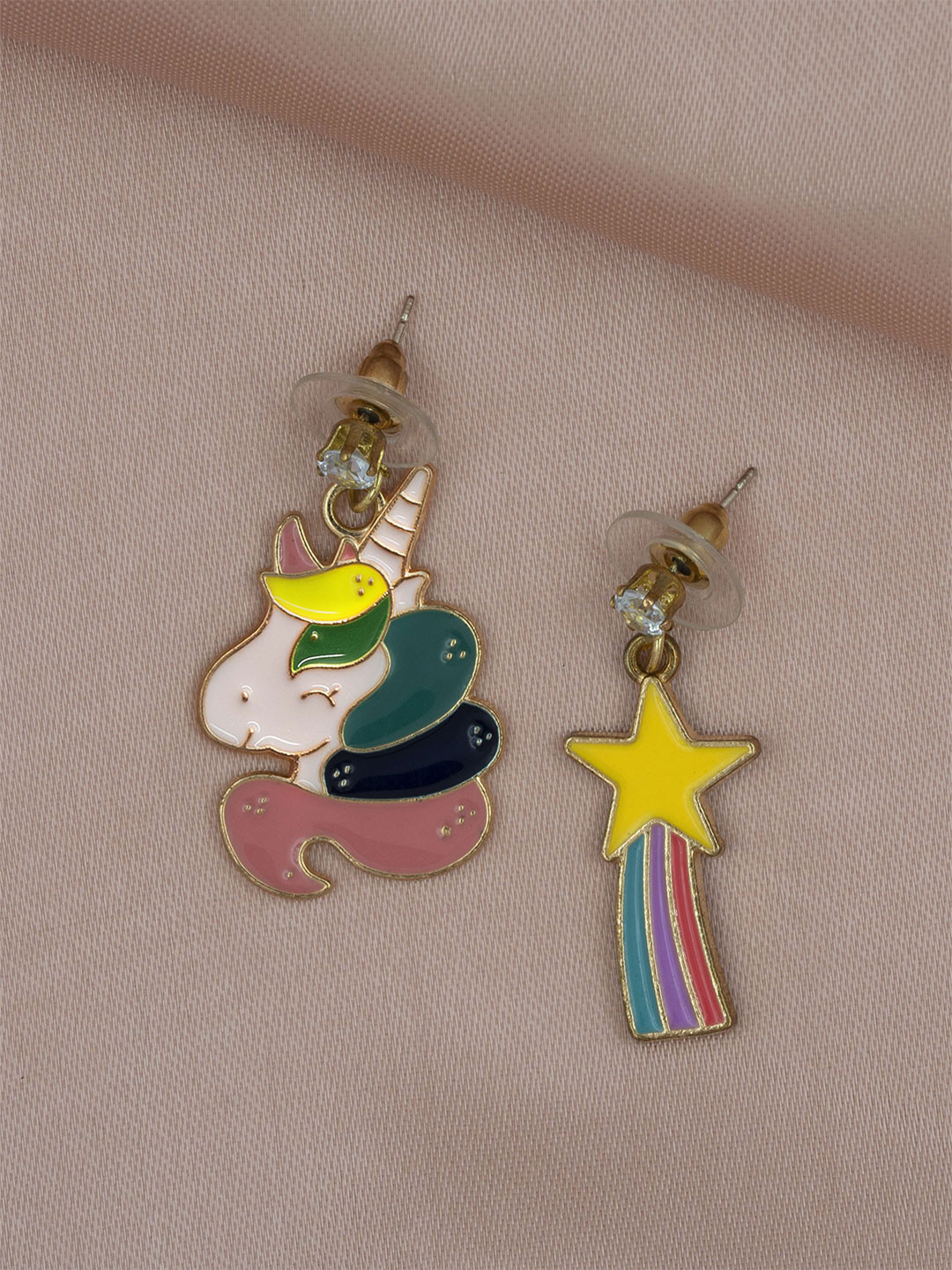 ARTKLIM Stainless Steel Gold-Plated Stones Studded Quirky Mismatched Drop Earrings