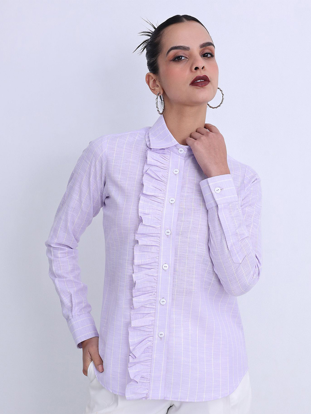 Jaey Smart Vertical Striped Cutaway Collar Ruffles Cotton Casual Shirt